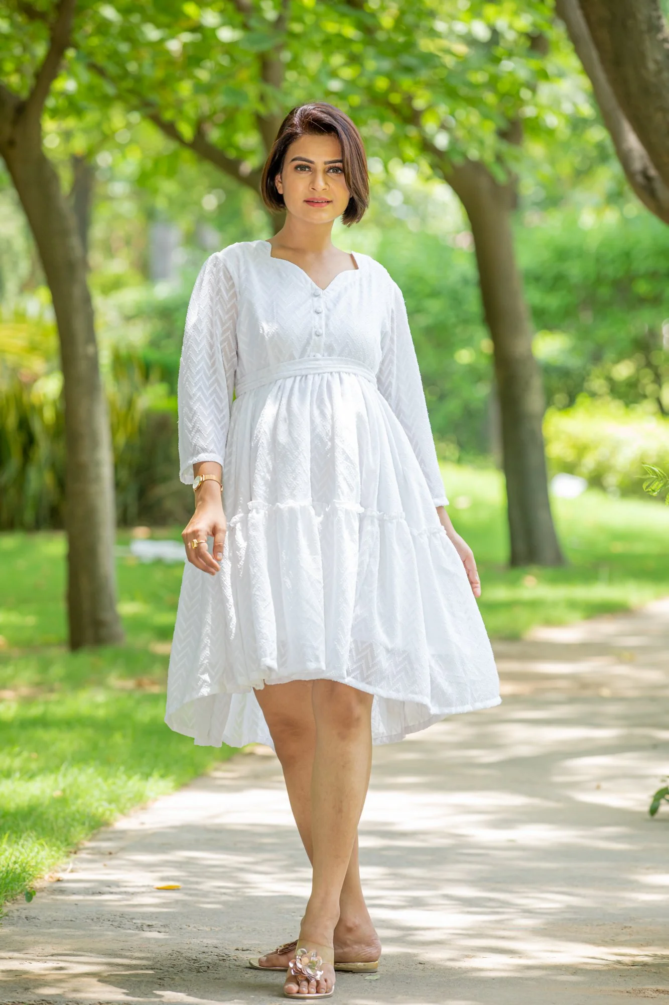 Angelic White Sweetheart Maternity & Nursing Flair Dress - Chenance
