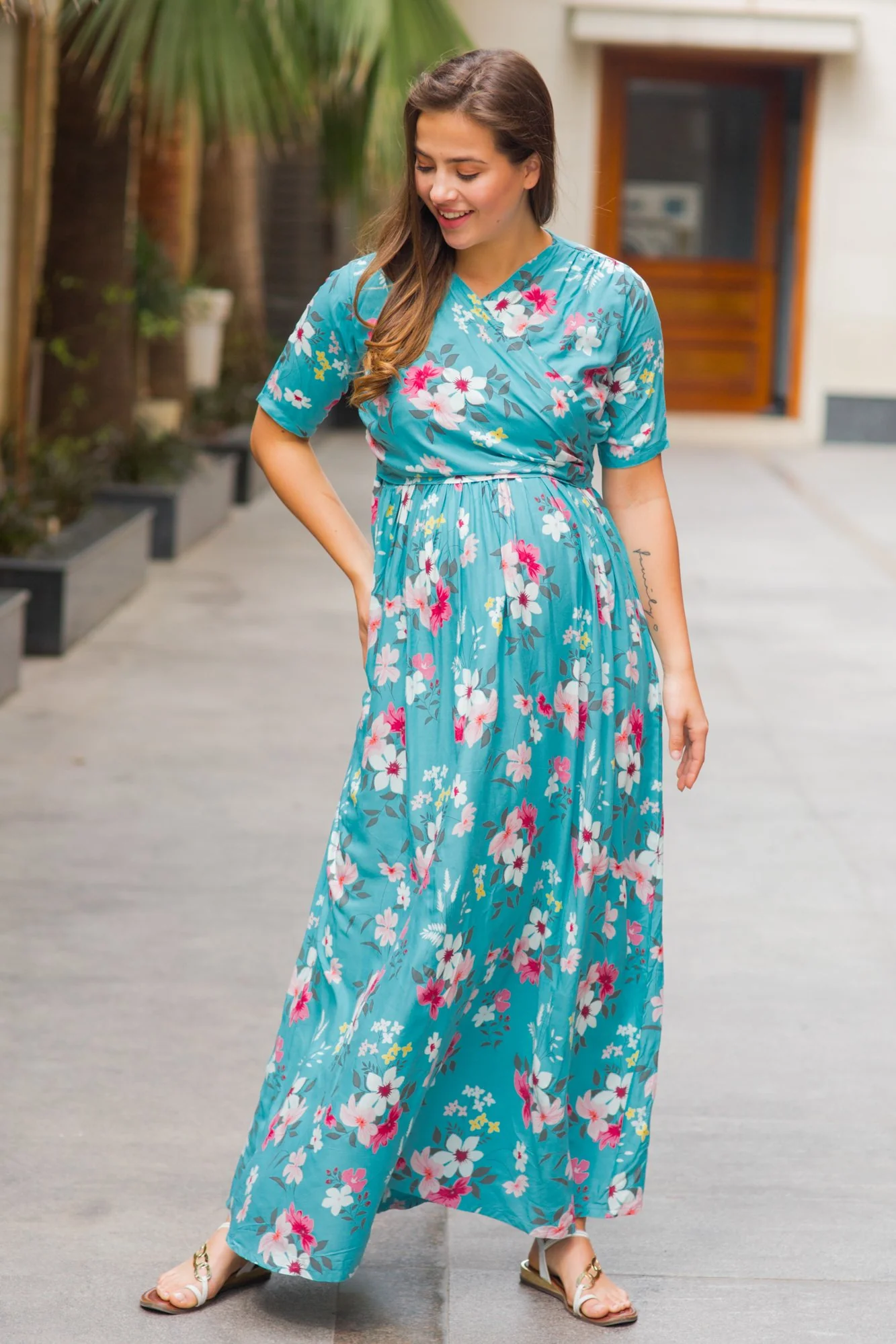 Baby Blue Floral Maternity & Nursing Wrap Dress - Chenance