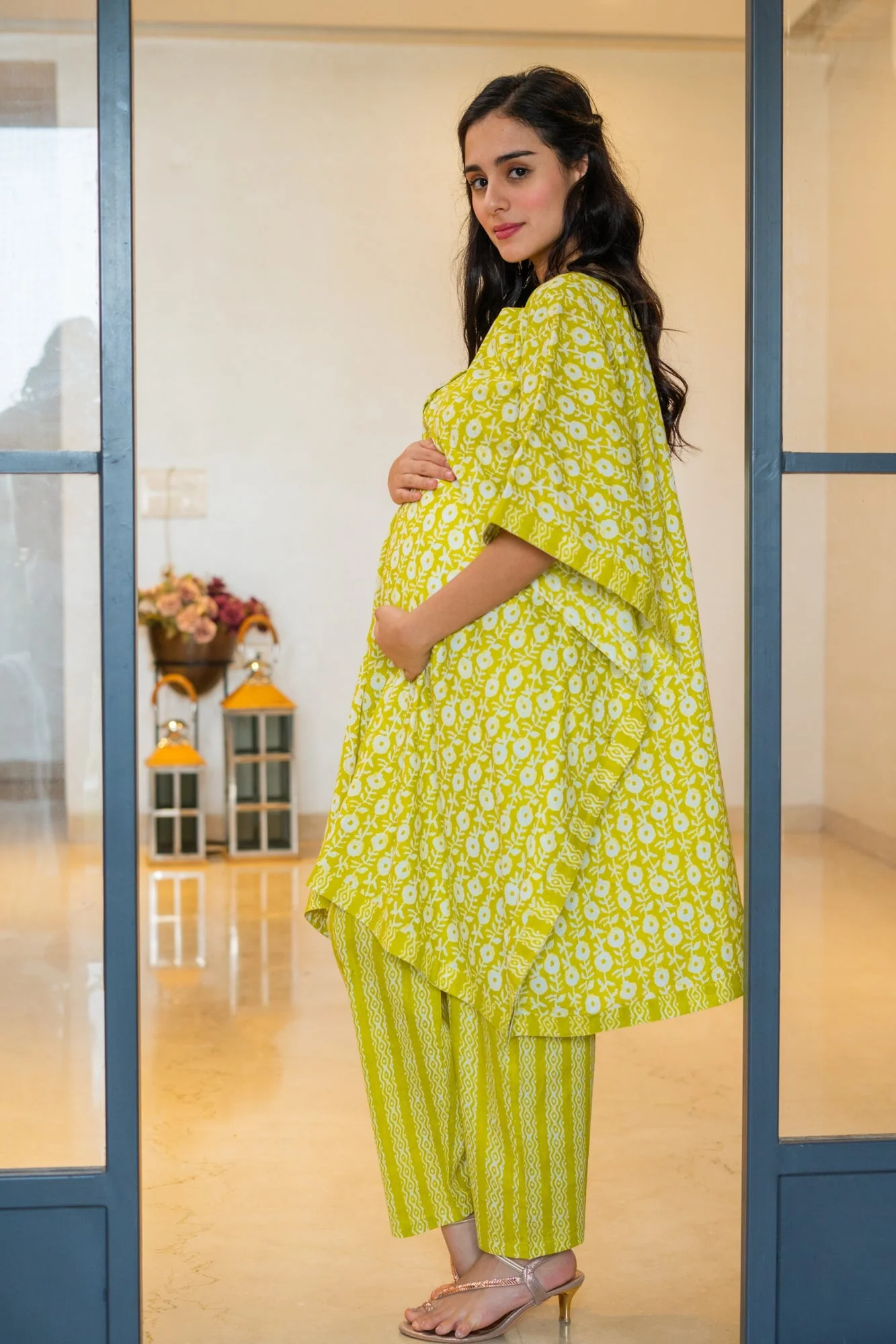 Beautiful Lime Green Maternity & Nursing Kaftan Coord Set (100% Cotton) (2 pc) - Chenance