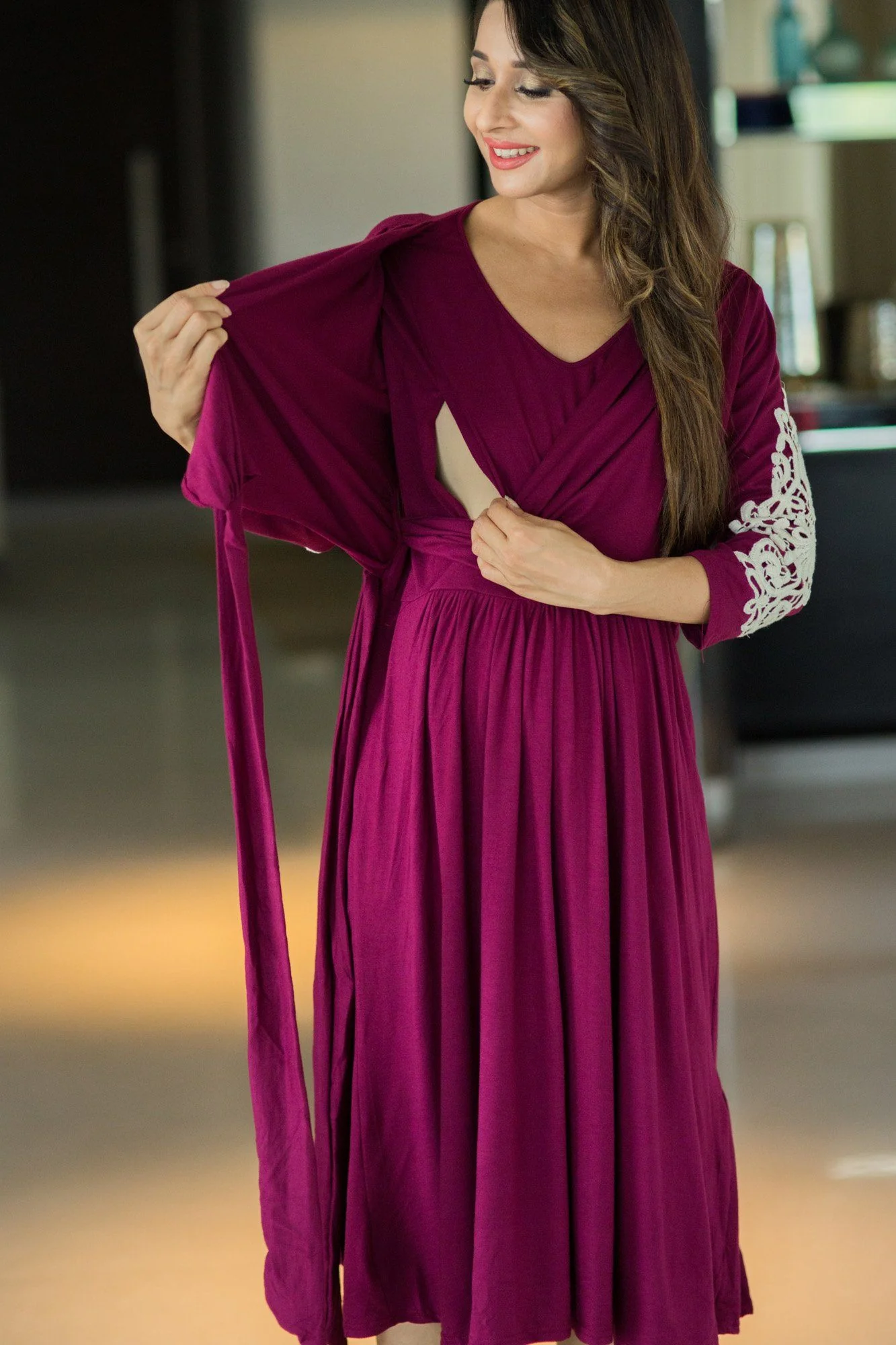 Crochet Berry Wrap Tie Maternity & Nursing Dress - Chenance