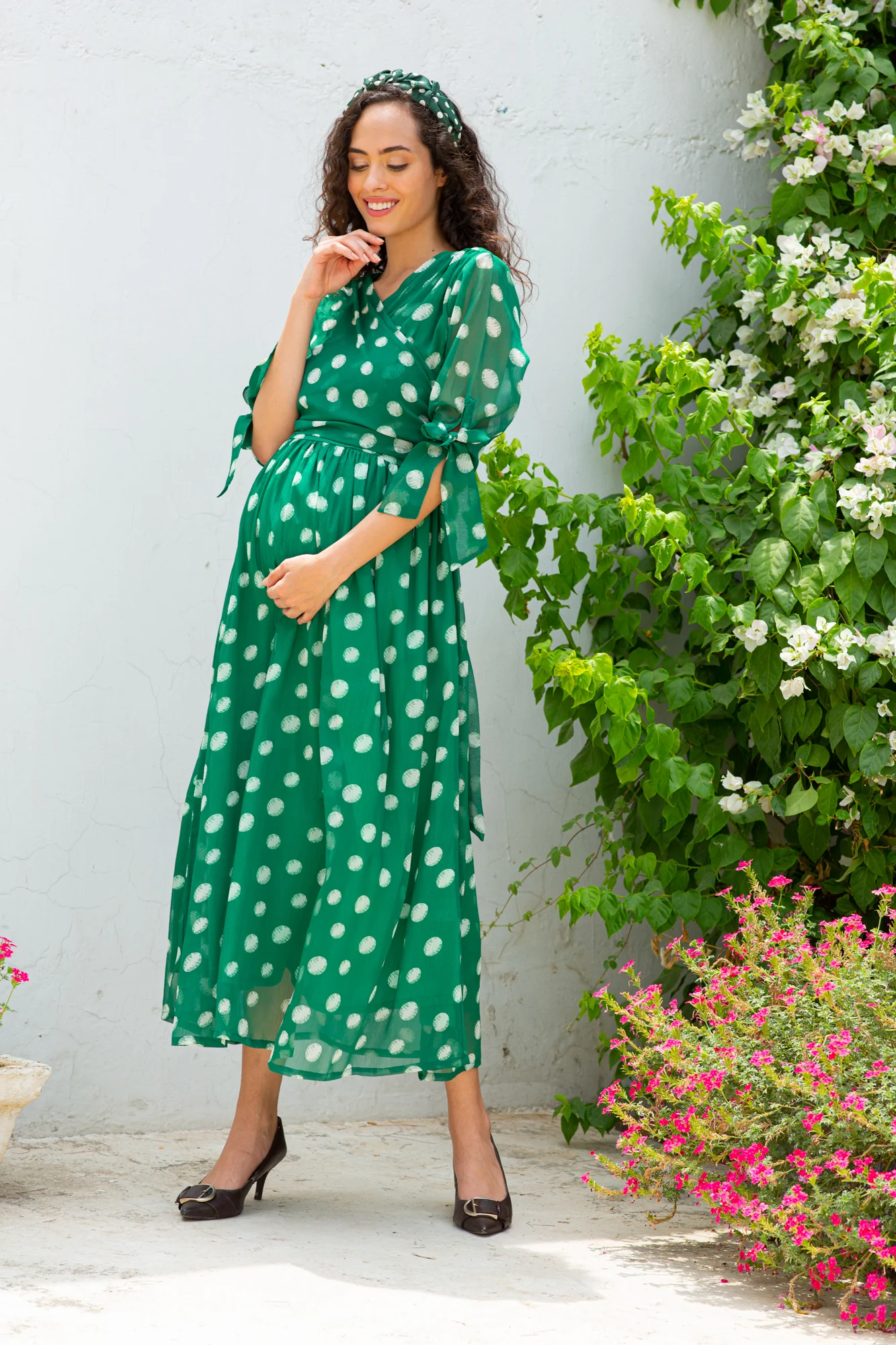 Emerald Dancing Polka Maternity & Nursing Midi Wrap Dress - Chenance