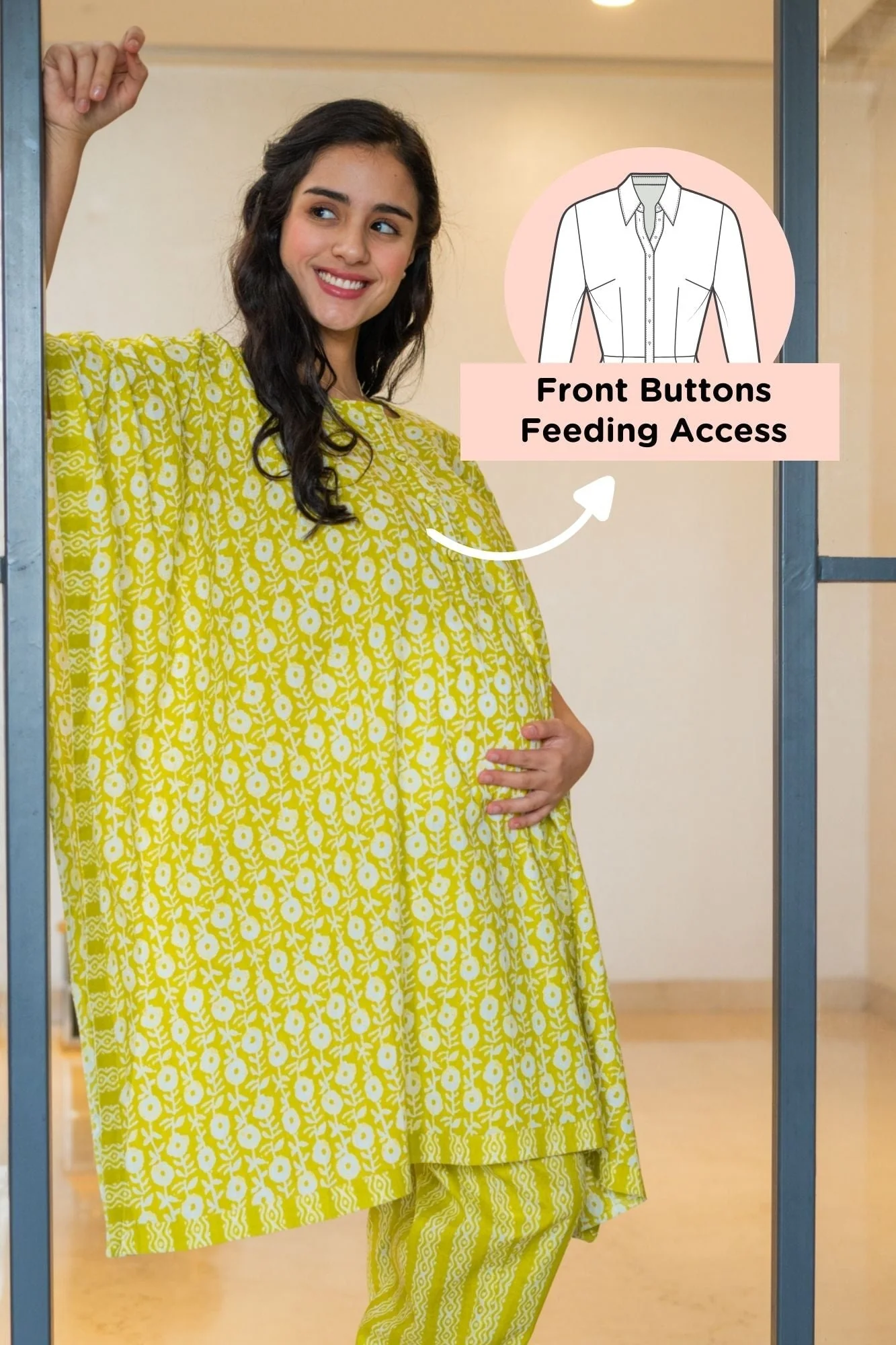 Beautiful Lime Green Maternity & Nursing Kaftan Coord Set (100% Cotton) (2 pc) - Chenance