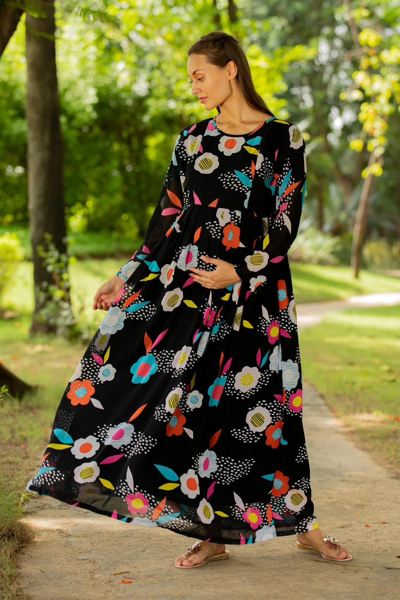 Vivacious Flowerbomb Concealed Zip Maternity & Nursing Maxi - Chenance