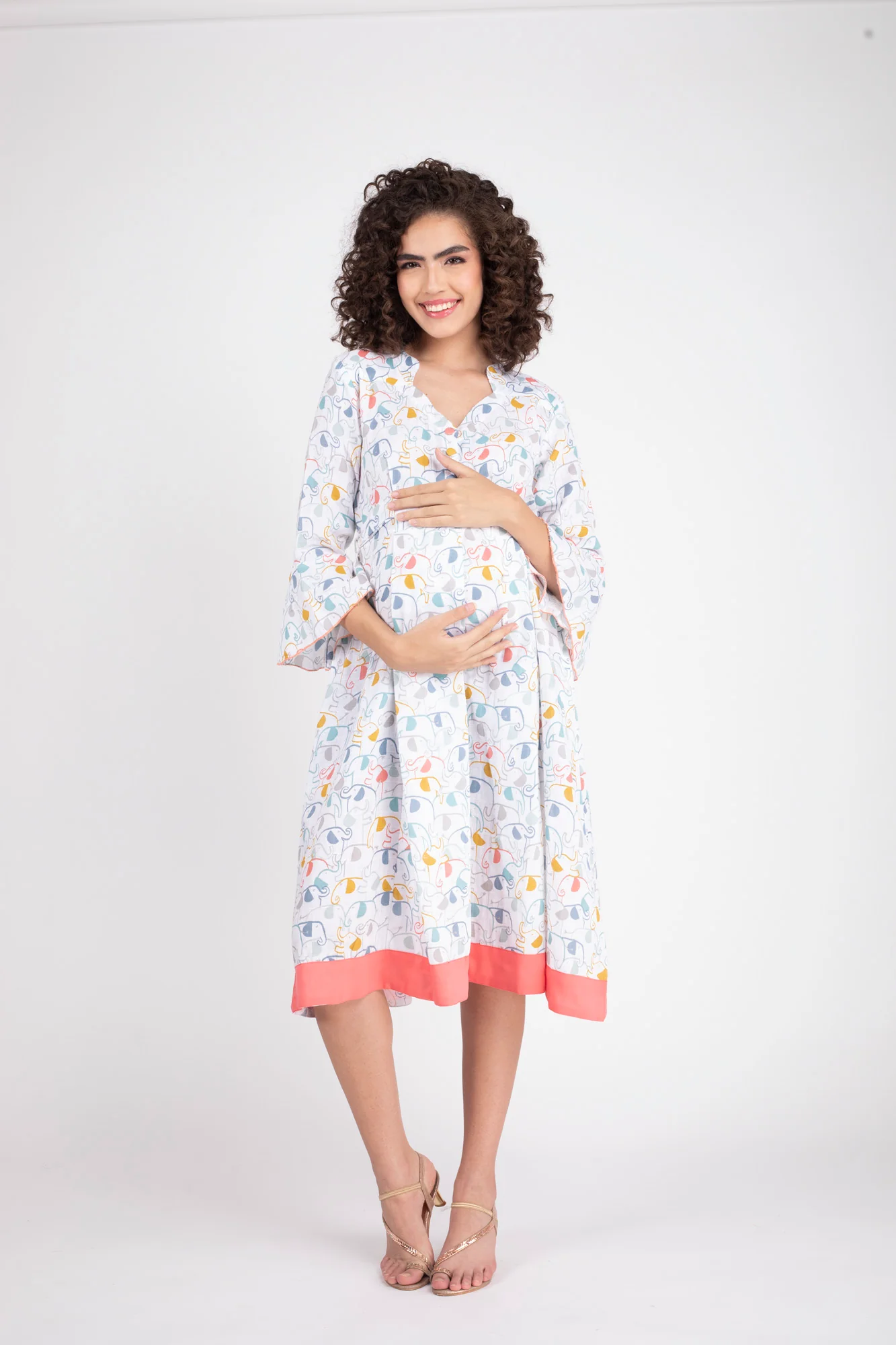 Abstract White Front Button Maternity & Nursing Linen Dress - Chenance