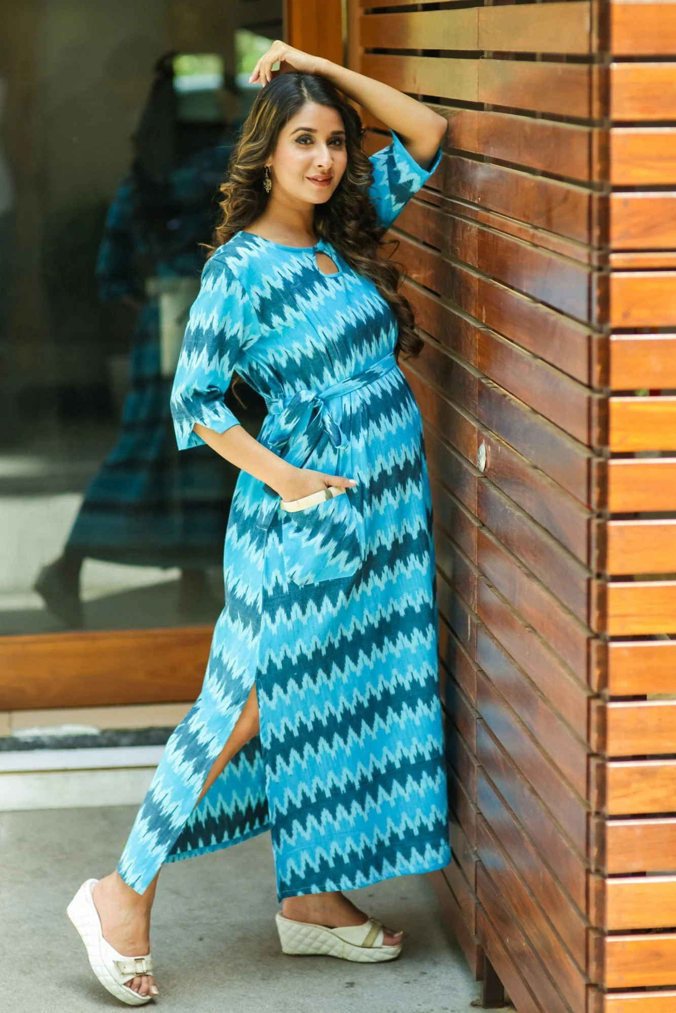 Aqua Ikat Side Slit Concealed Zips Feeding Dress - Chenance