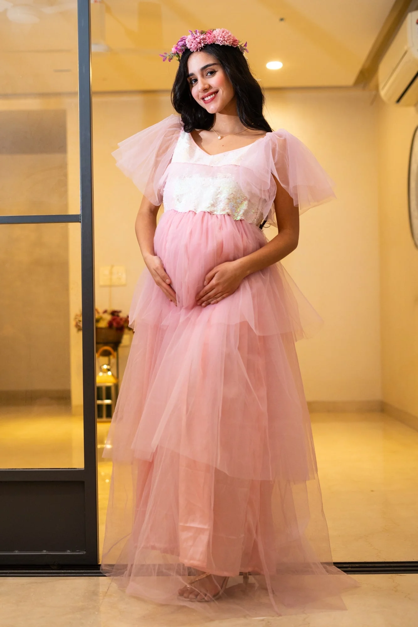 Alluring Blush Pink Maternity Sequence Layered Dress - Chenance