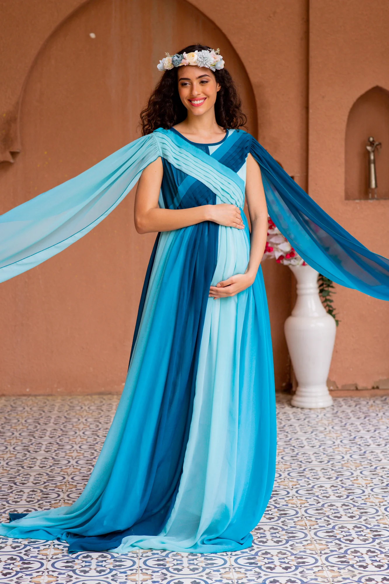 Victoria Blue Monochromatic Maternity Trail Photoshoot Gown - Chenance