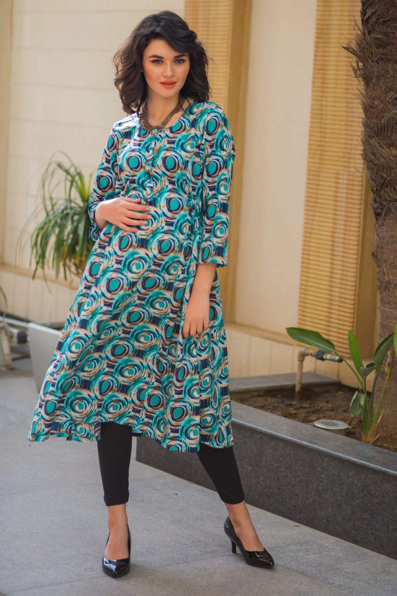 Azure Blue Green Circle Maternity & Nursing Kurta Dress - Chenance