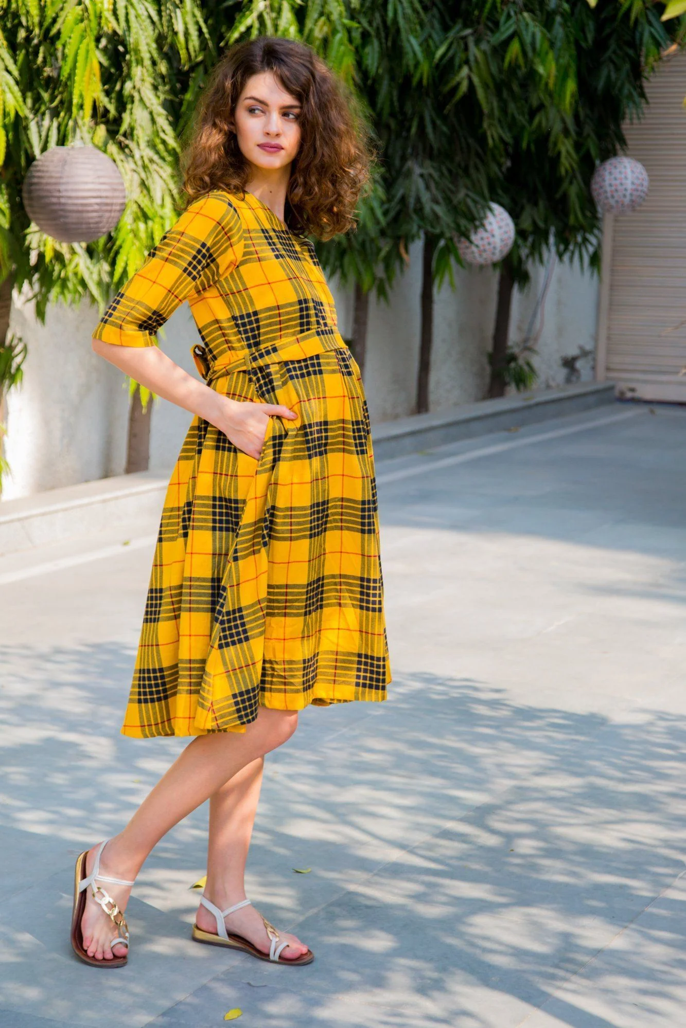 Yellow Chestnut Plaid Maternity & Nursing Dress - Chenance