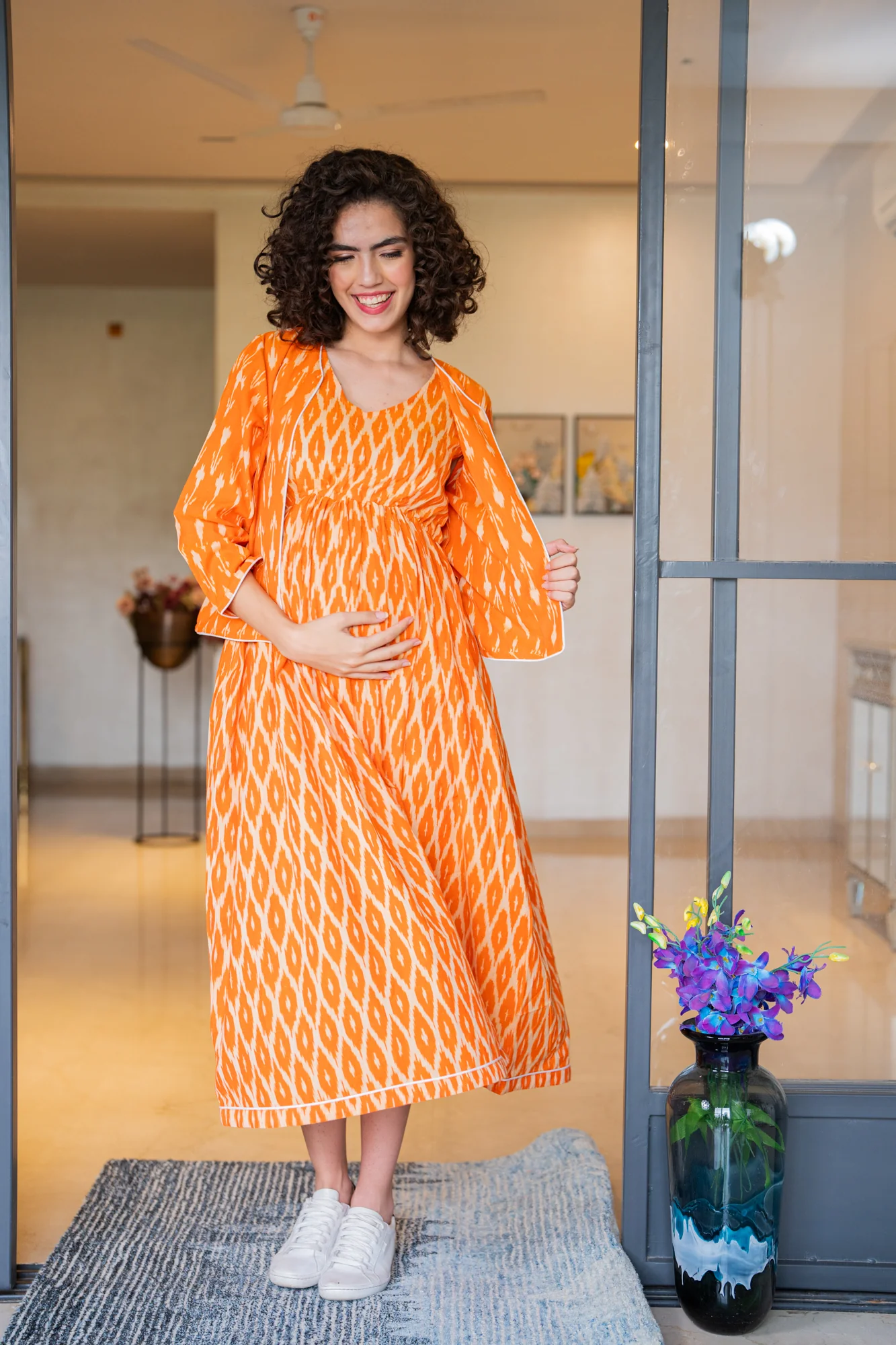 Vibrant Tangerine Ikat Maternity Dress With Jacket (100% Cotton) (2Pc) - Chenance