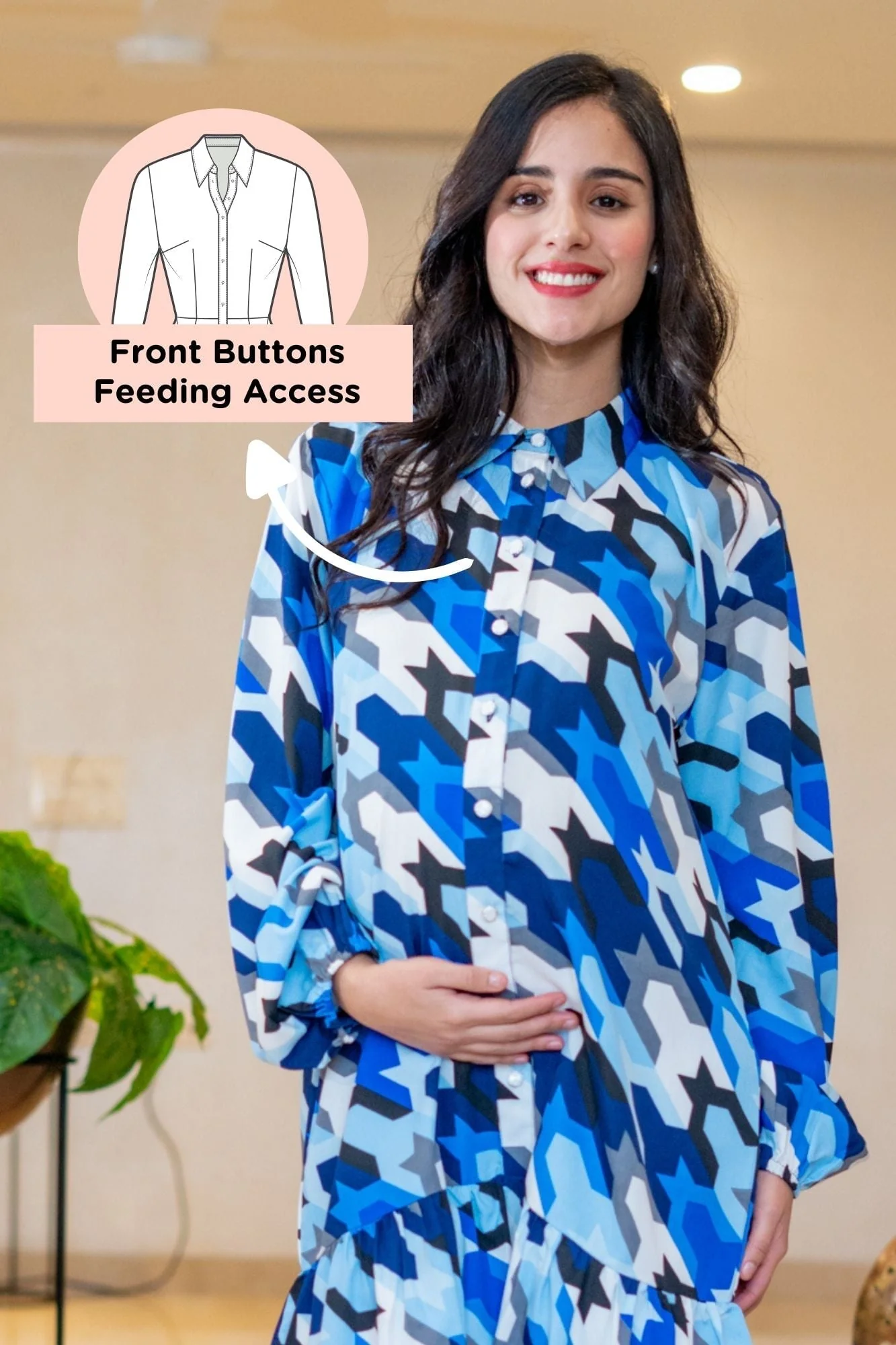 Blue Monochrome Abstract Maternity & Nursing Frill Shirt Dress - Chenance