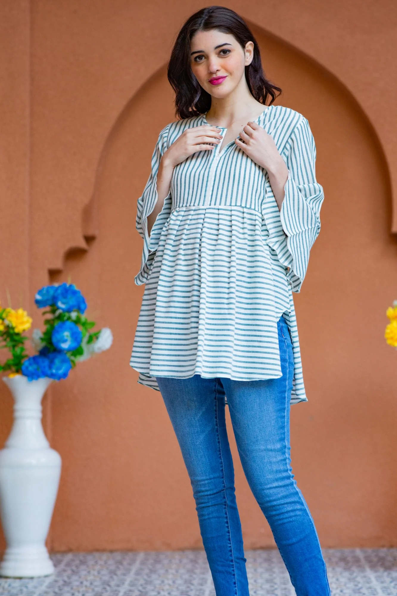 Royal Striped Gathered Nursing Top - Chenance