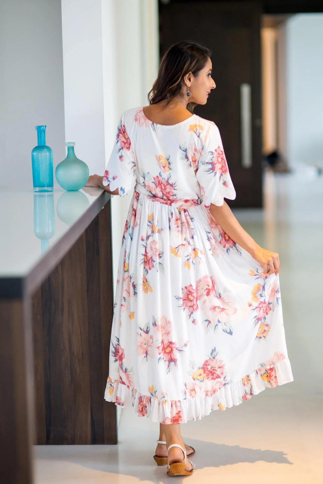 White Floral Frill Concealed Zips Nursing Dress - Chenance