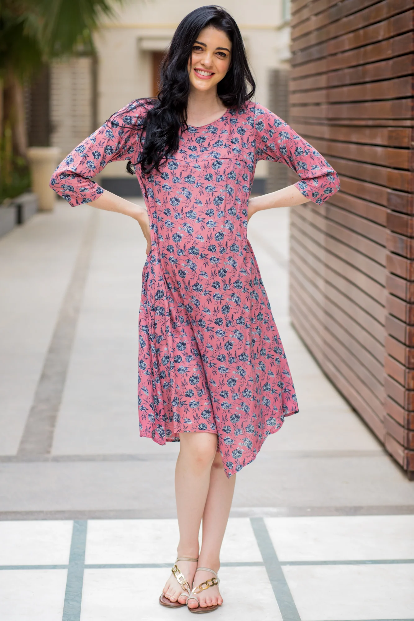 Peachy Floral Maternity & Nursing Horizontal Zip Dress - Chenance