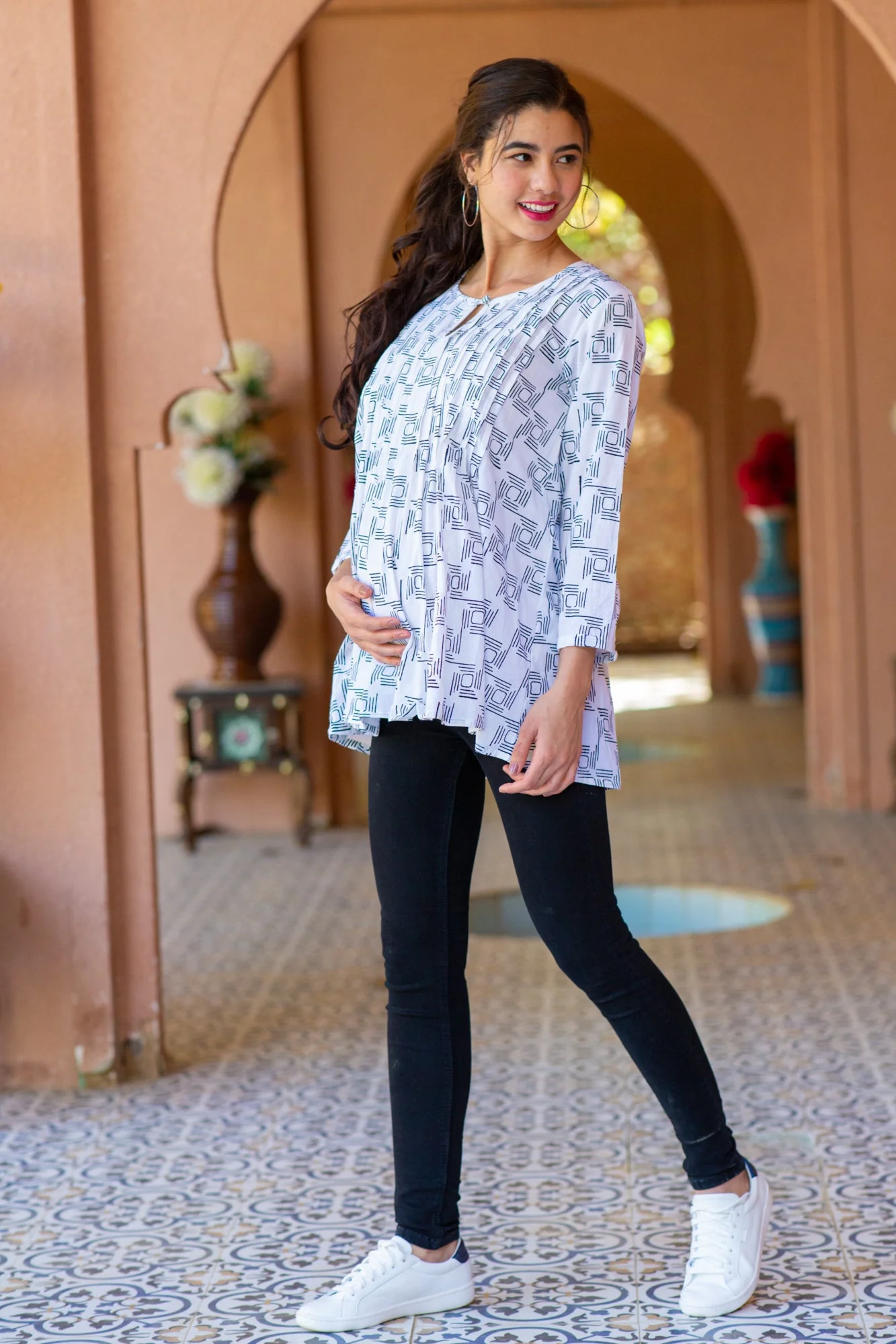 White Cotton Diamond Box Pintucks Maternity & Nursing Top - Chenance