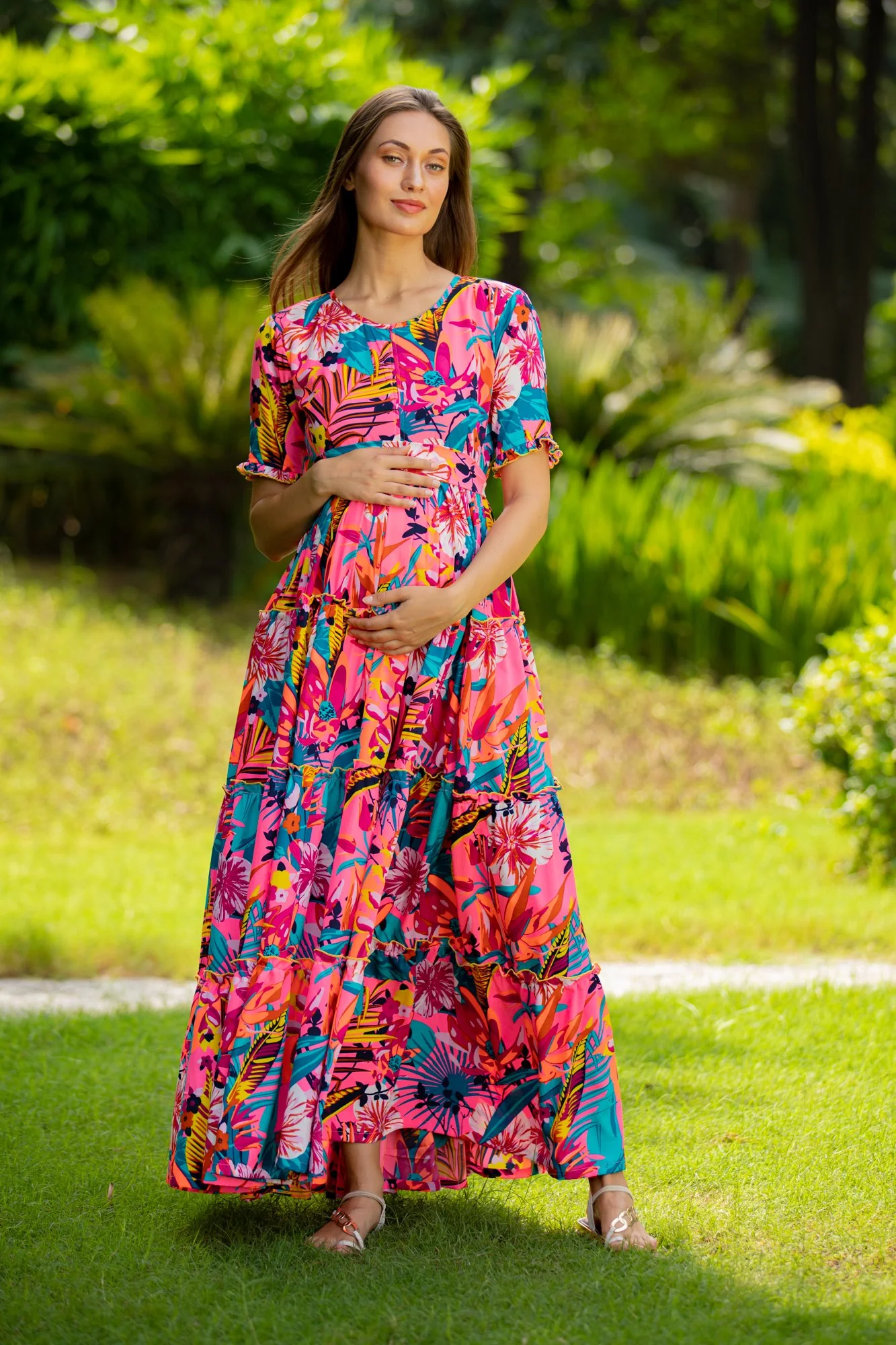 Paradise Bloom Multilayer Frill Single Concealed Zip Maternity & Nursing Dress - Chenance