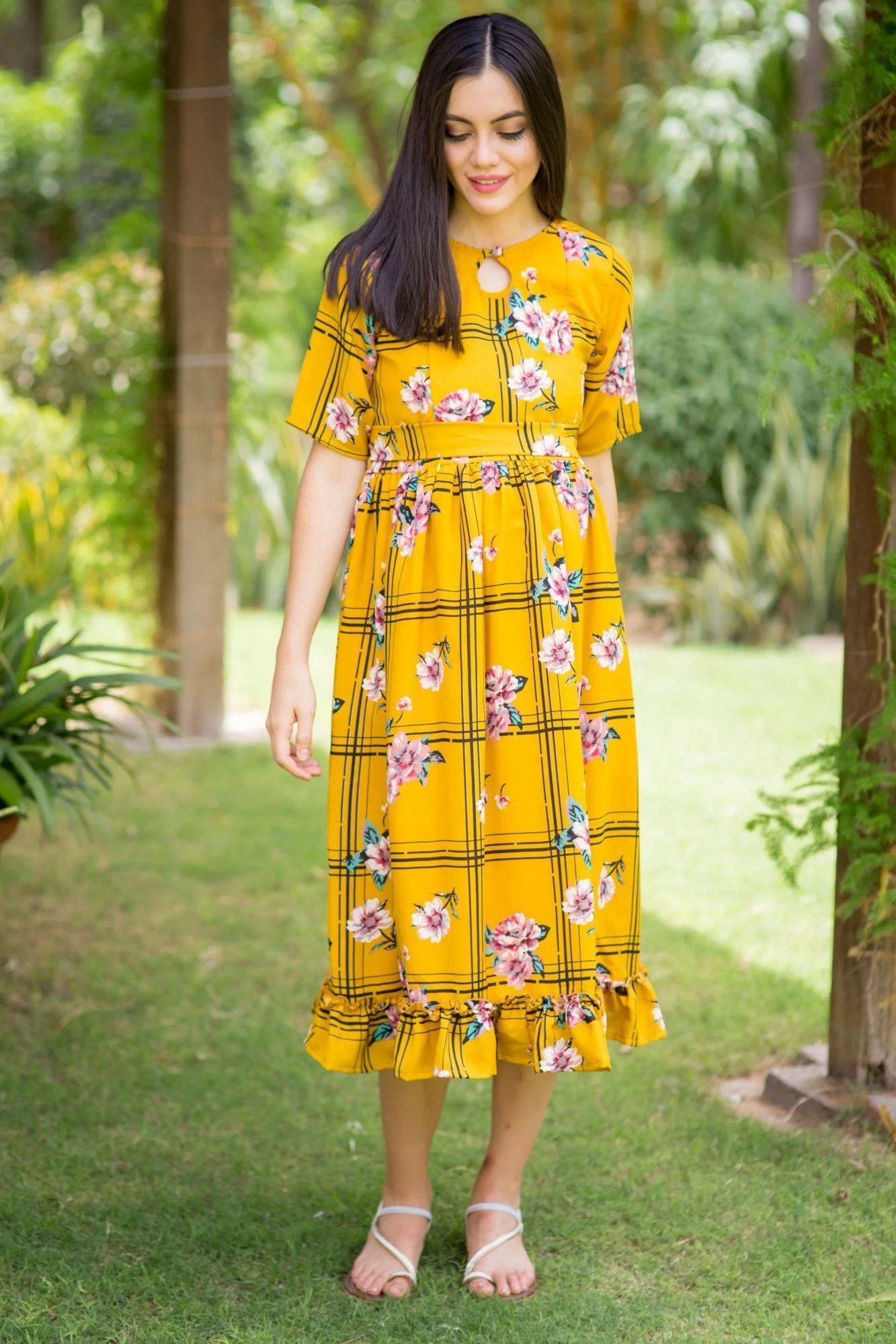 Sunny Striped Floral Frill Concealed Zips Nursing Dress - Chenance