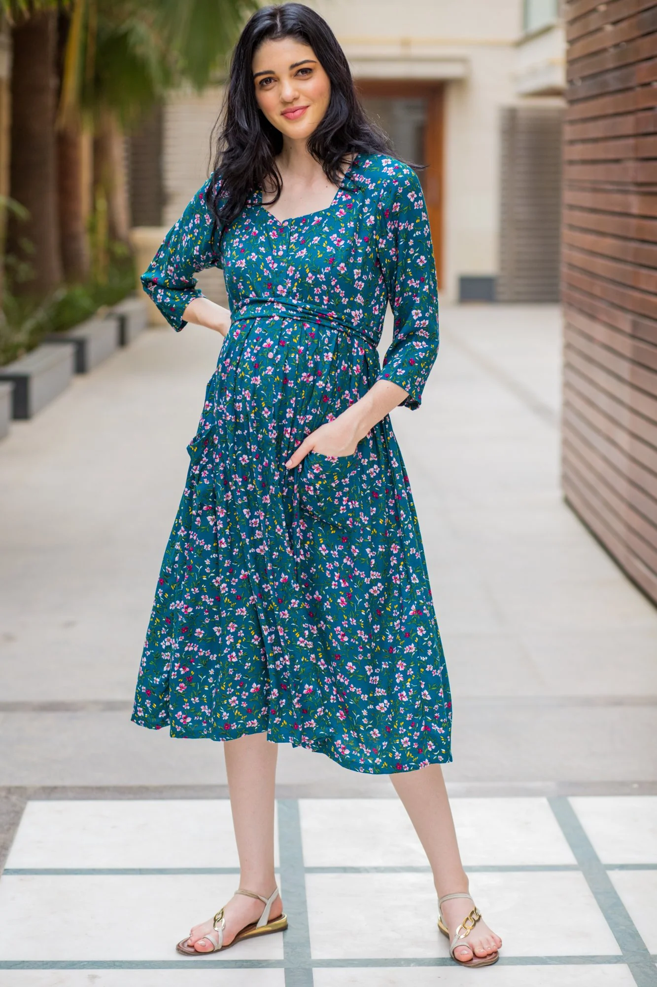 Pine Green Floral Pocket Maternity & Nursing Dress - Chenance