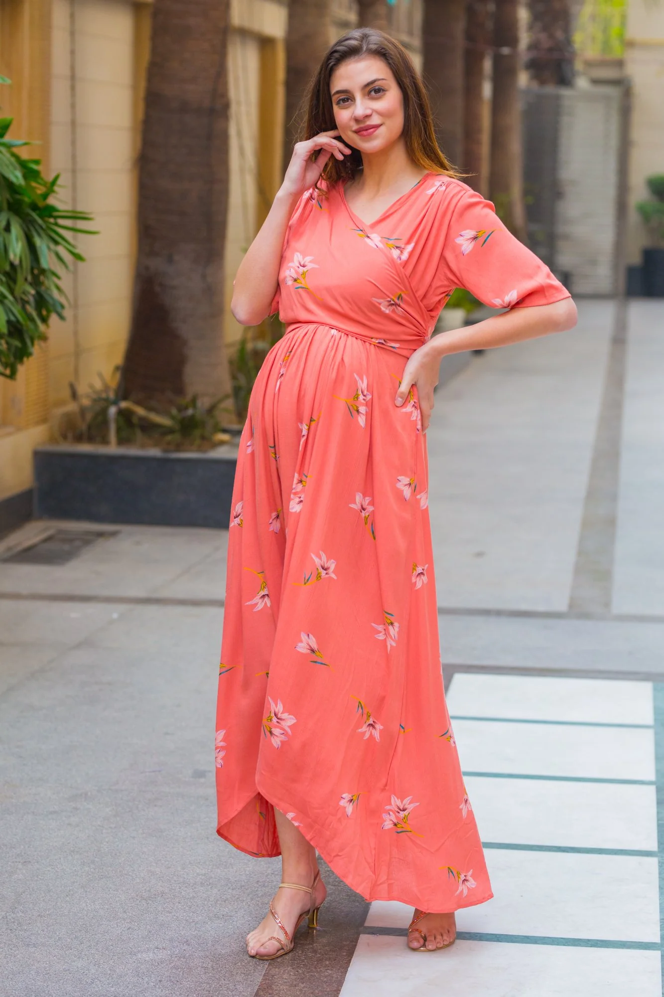 Soothing Coral Maternity & Nursing Wrap Dress - Chenance