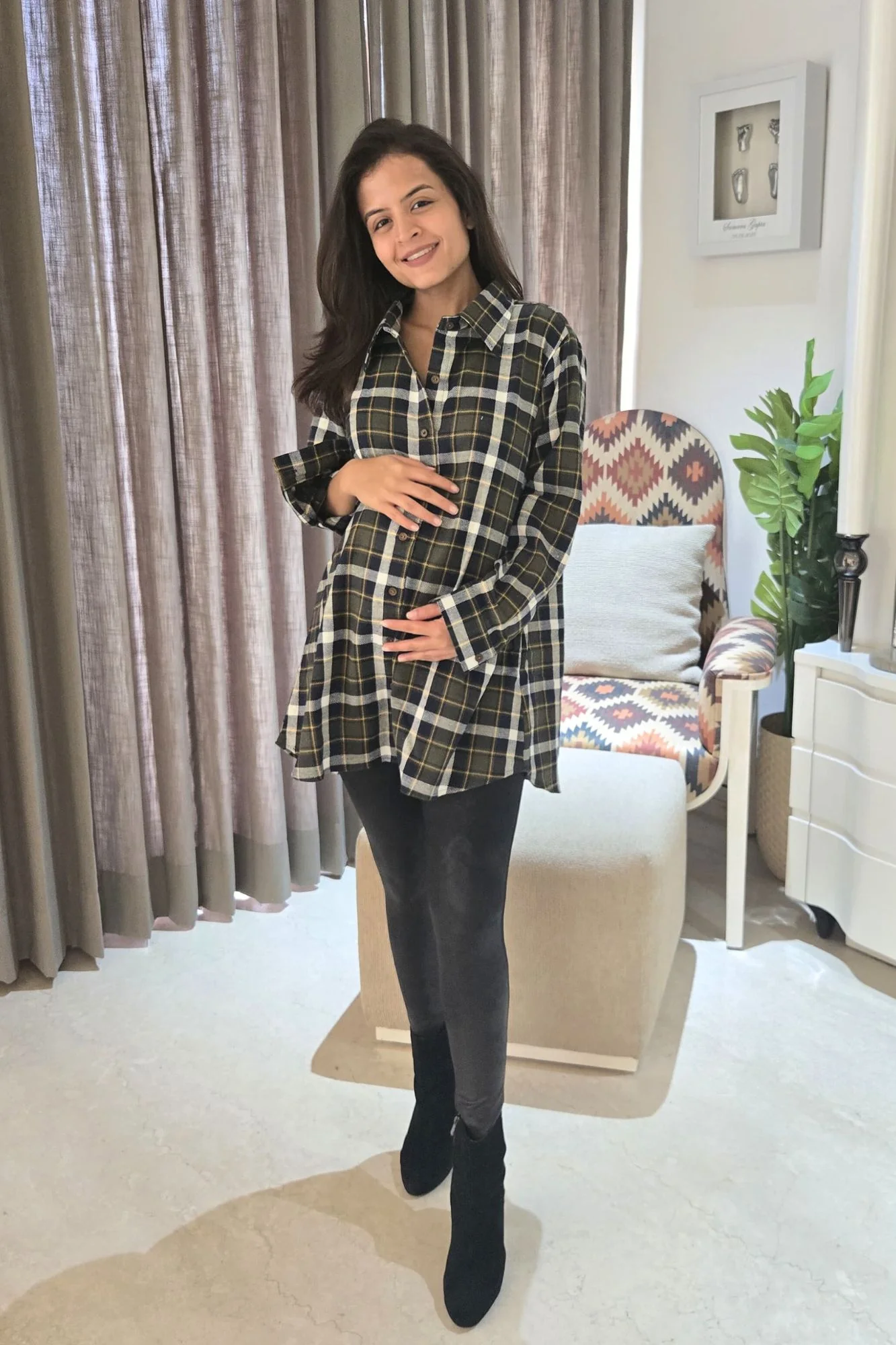 Dark Green Check Maternity & Nursing Top - Chenance