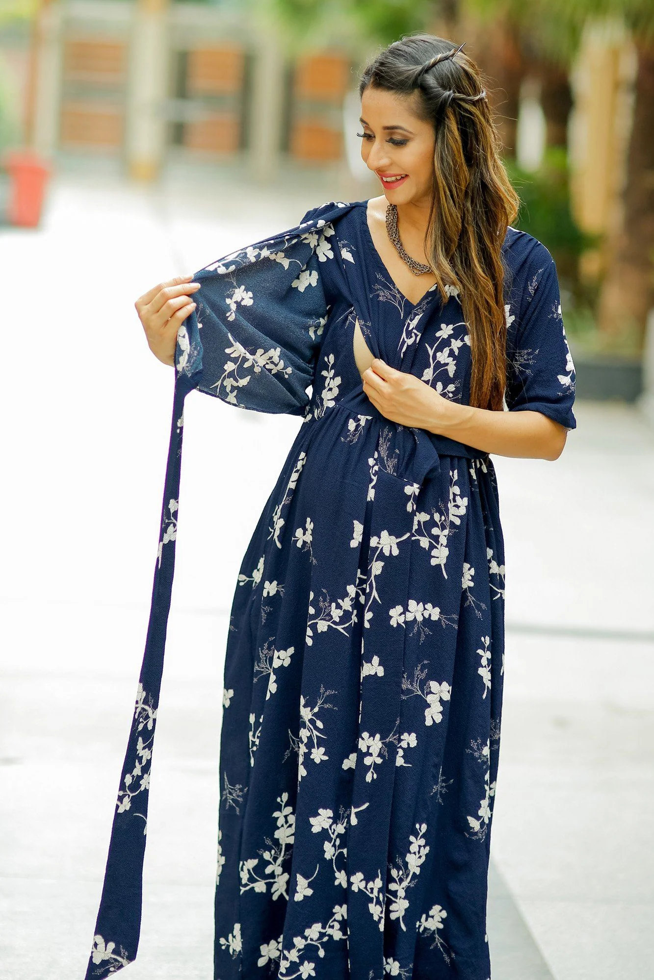 Luxe Navy Pearl Bubble Georgette Maternity & Nursing Wrap Dress - Chenance