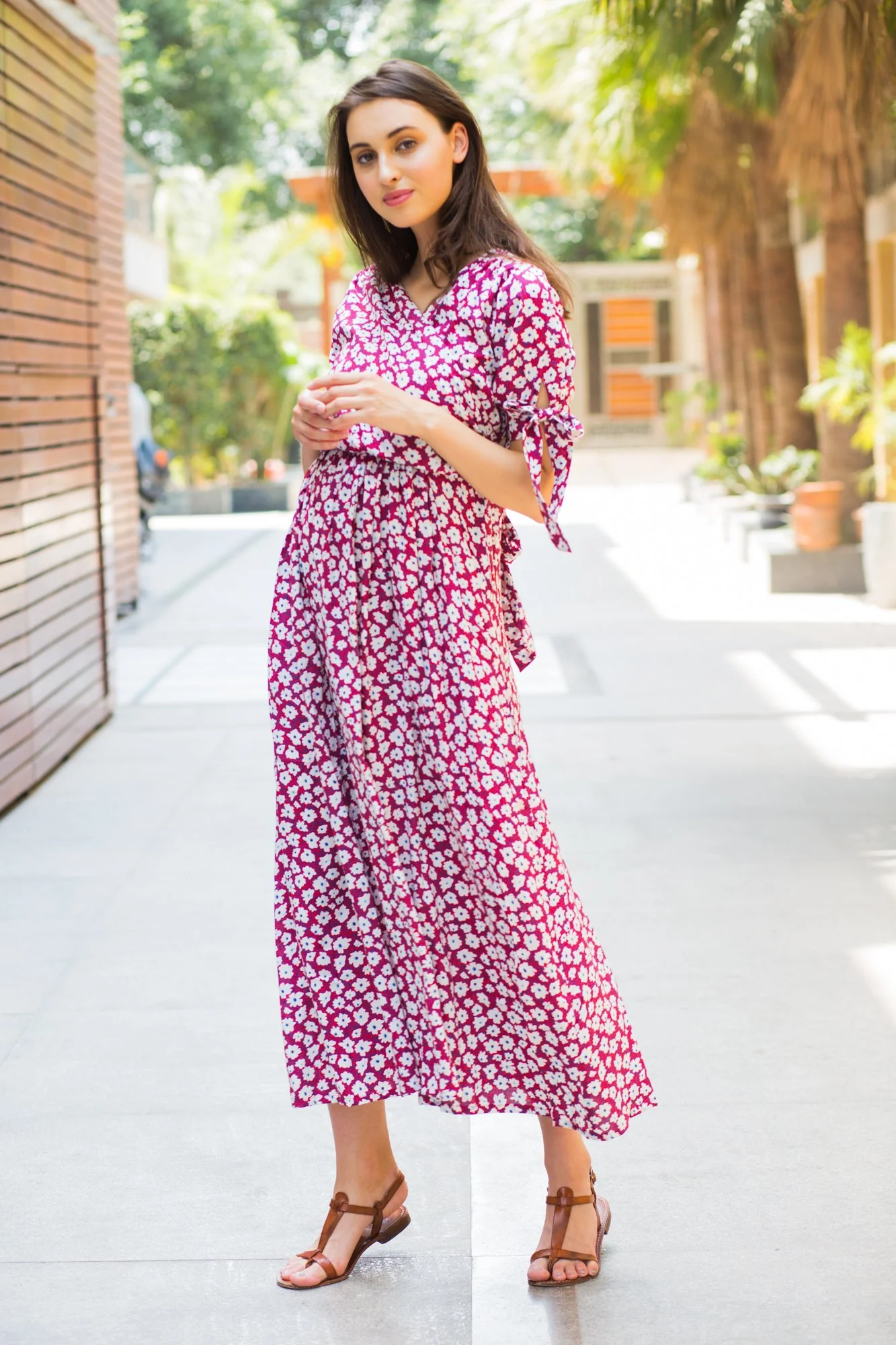 Berry Floral Maternity & Nursing Wrap Midi Dress - Chenance