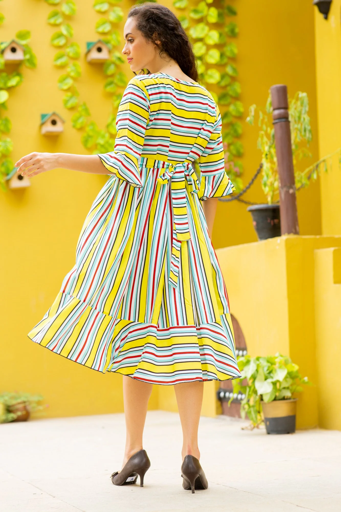 Flattering Yellow Stripe Ruffle Maternity & Nursing Dress - Chenance