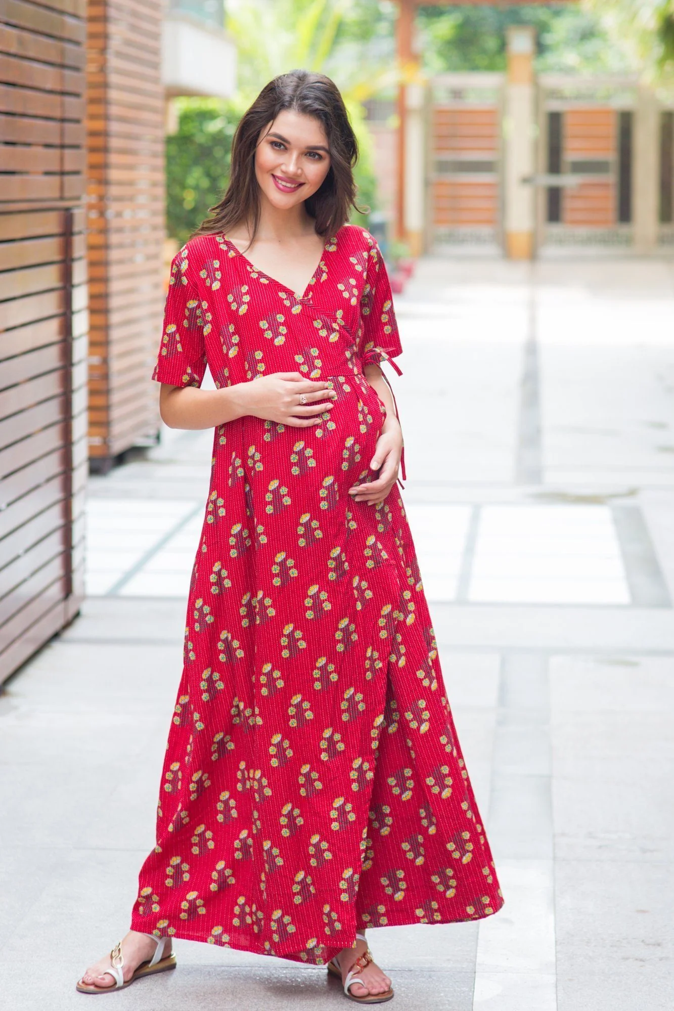 Cotton Raspberry Red Maternity & Nursing Wrap Dress - Chenance