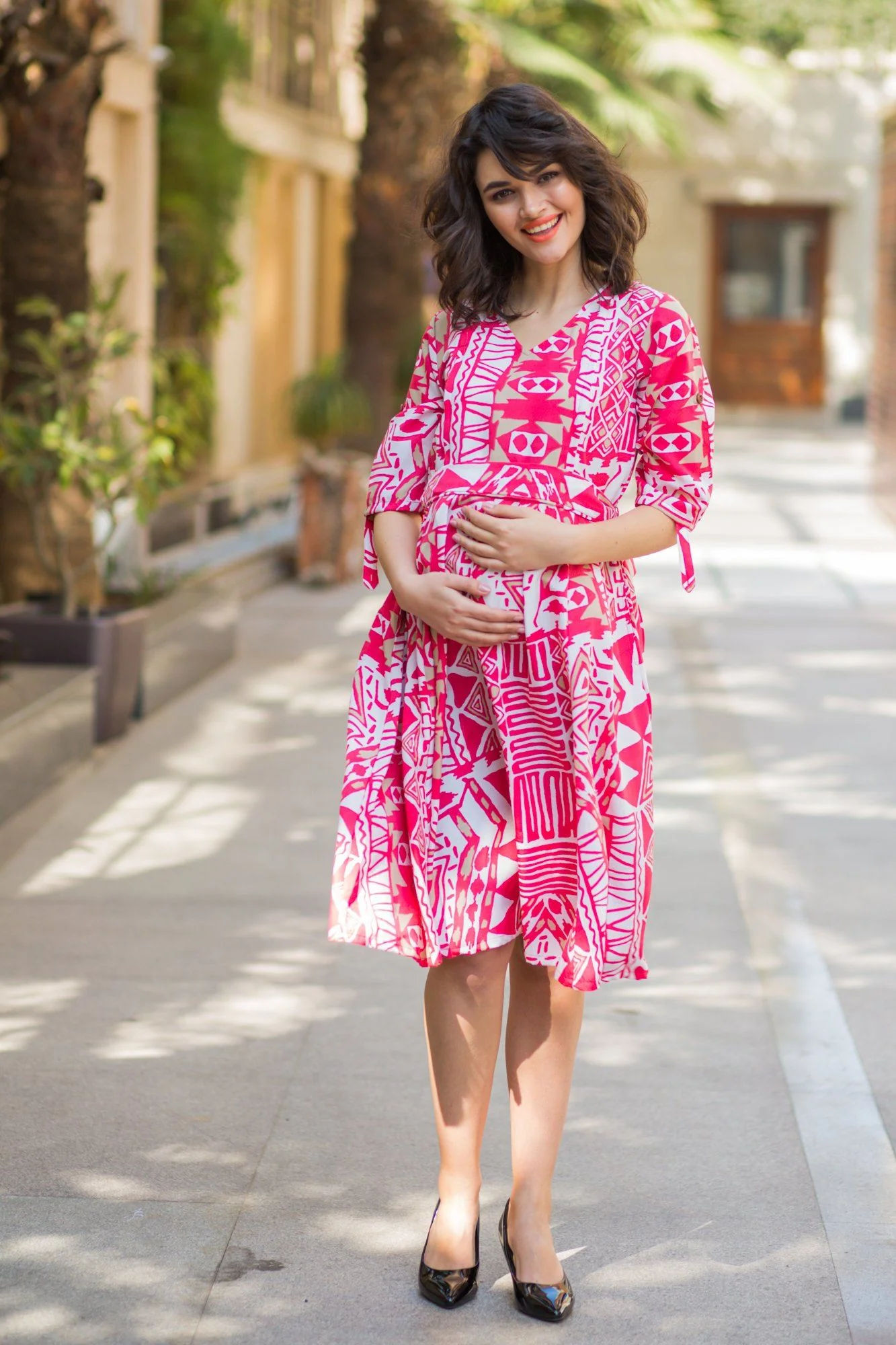 Tuscan Pink Abstract Maternity & Nursing Dress - Chenance