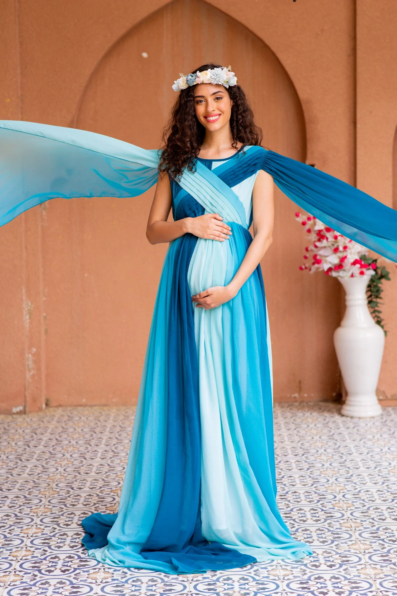 Victoria Blue Monochromatic Maternity Trail Photoshoot Gown - Chenance
