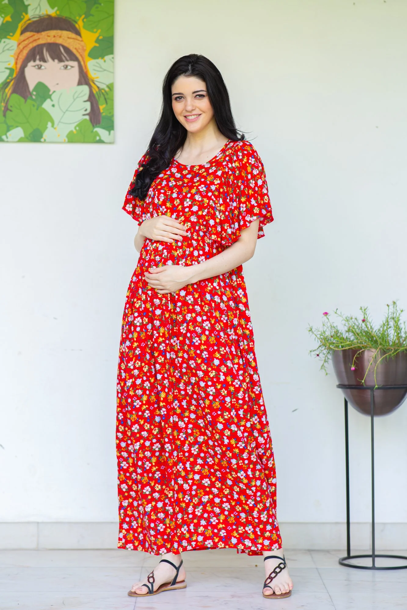 Berry Red Maternity & Nursing Flap Dress - Chenance