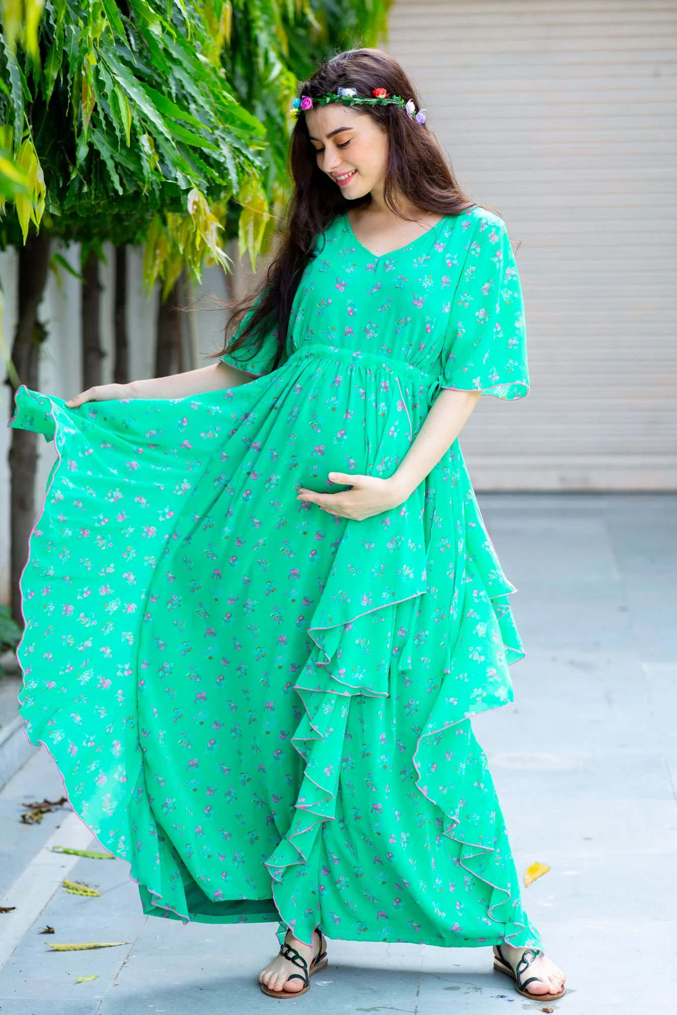 Emerald Floral Maternity Flow Dress - Chenance