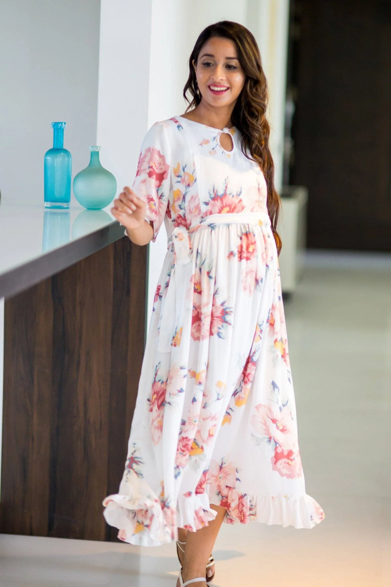 White Floral Frill Concealed Zips Nursing Dress - Chenance