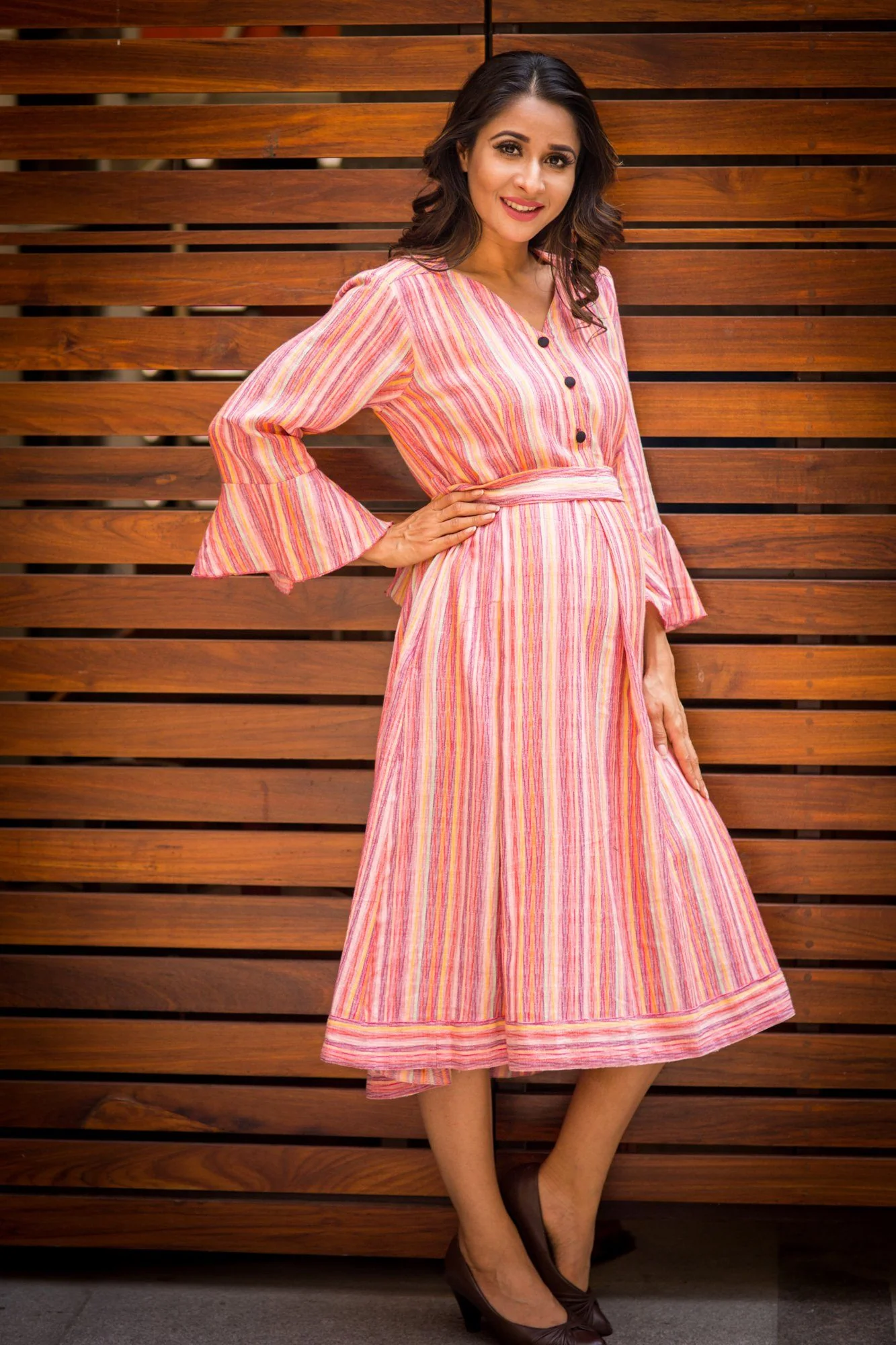 Multicolor Striped Linen Front Button Maternity & Nursing Dress - Chenance