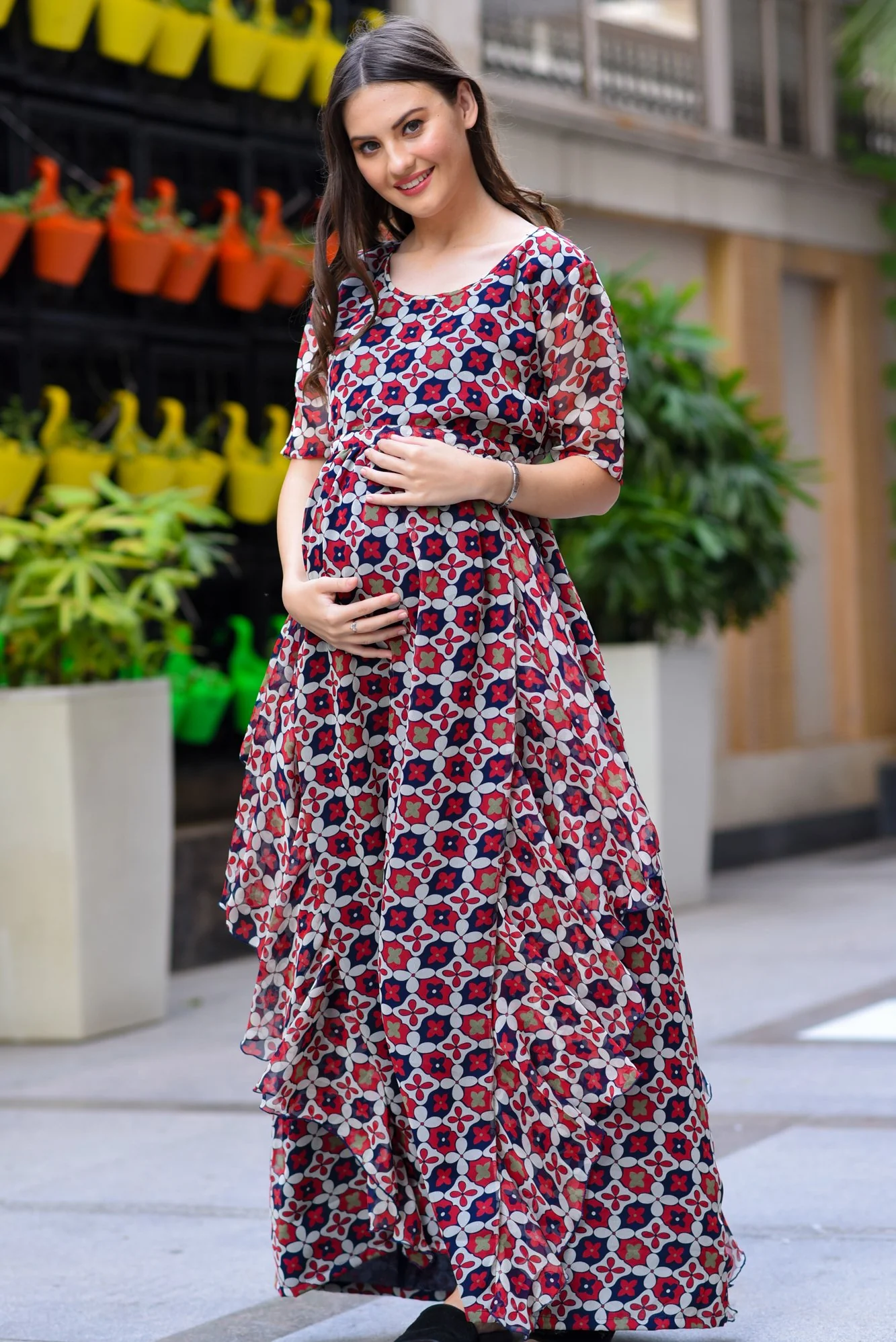 Geo Patterned Maternity Dress With Sleeves - Chenance