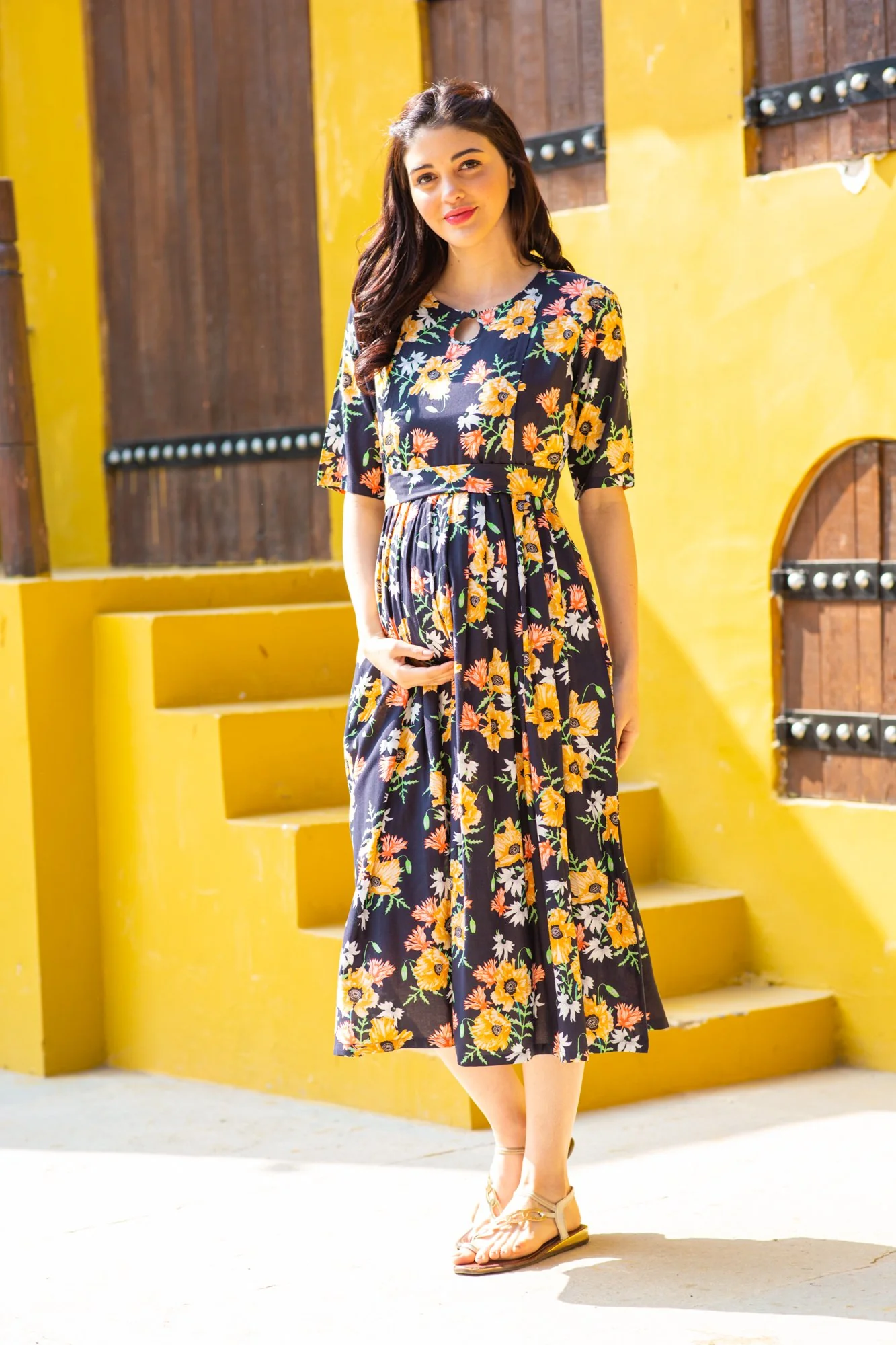 Twilight Floral Maternity & Nursing Concealed Zips Dress - Chenance