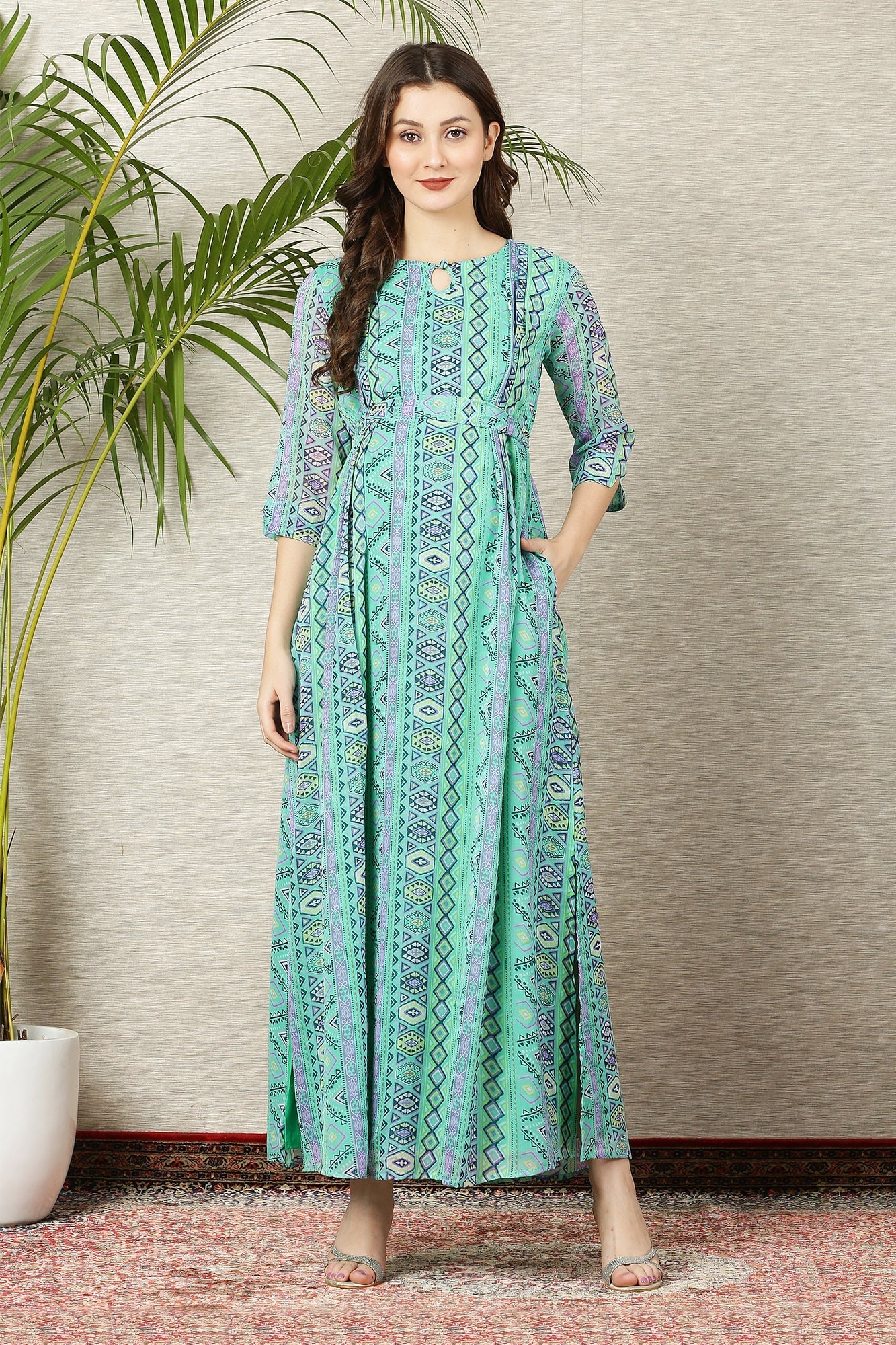 Apple Green Floral Side Slit Maternity & Nursing Dress - Chenance