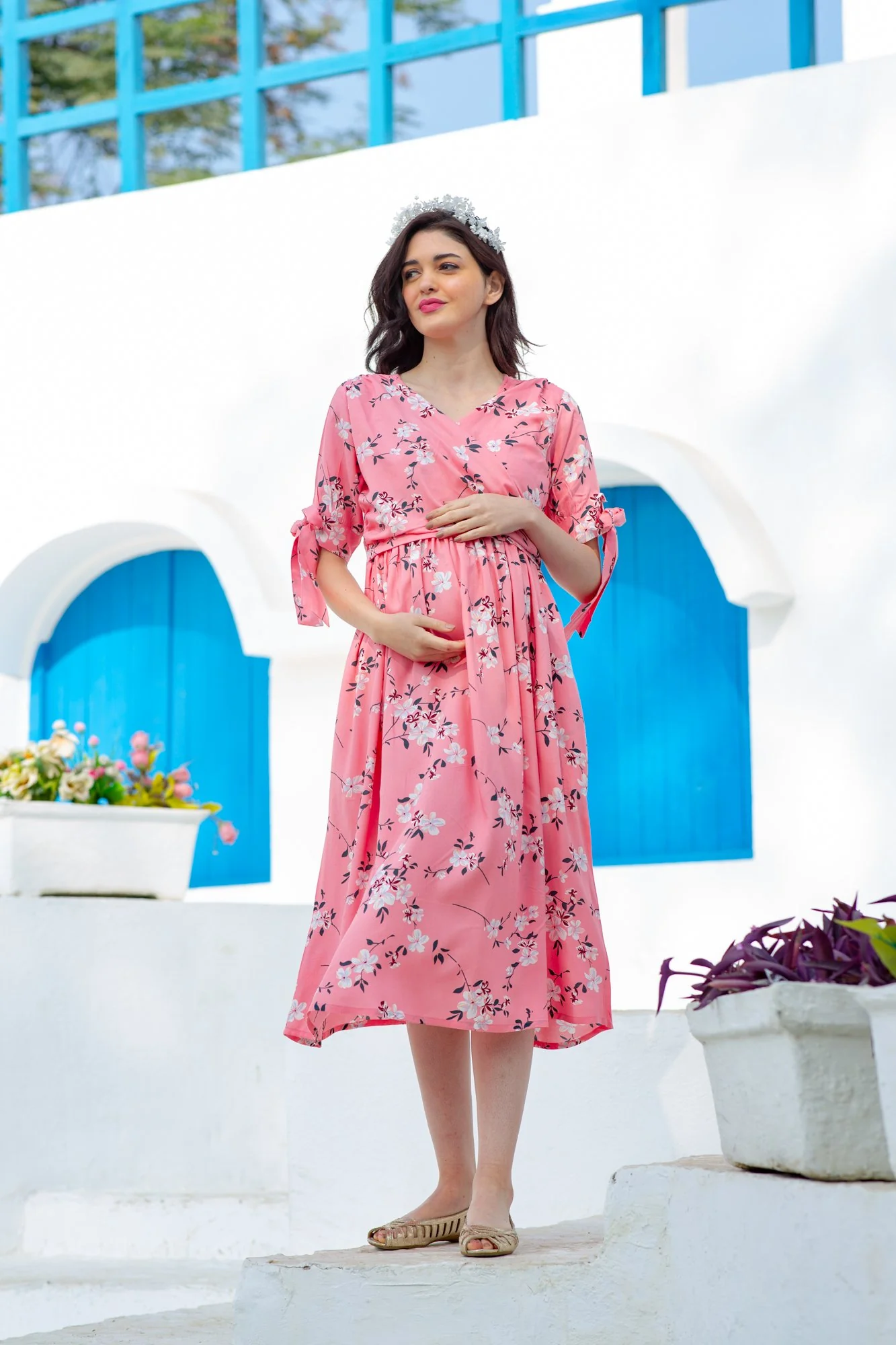 Soft Pink Blossom Maternity & Nursing Wrap Midi Dress - Chenance