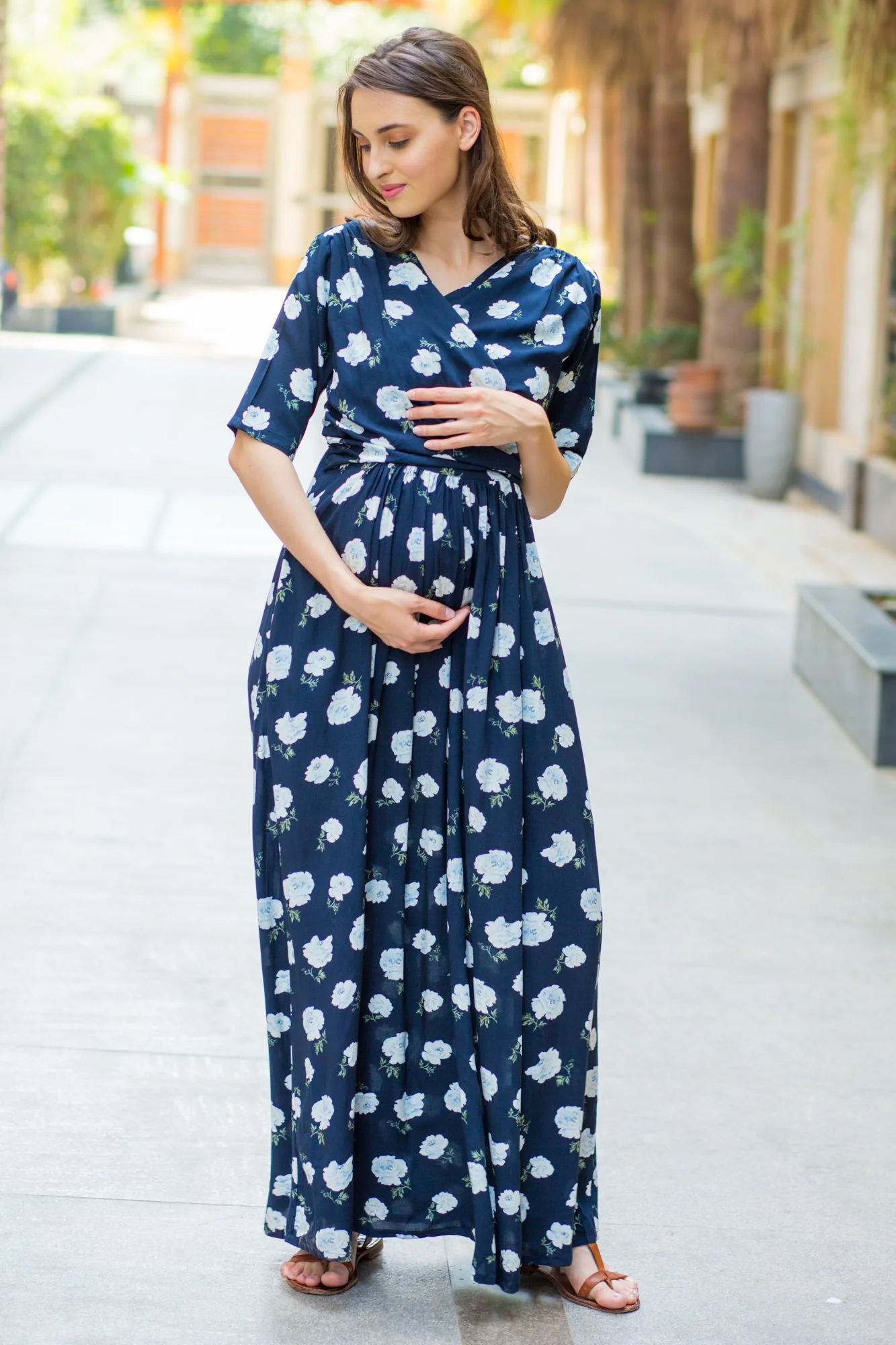 Navy White Blossom Maternity & Nursing Wrap Dress - Chenance