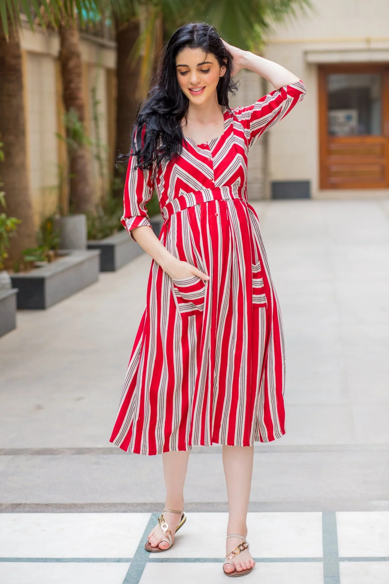 Unique Maroon Pocket Striped Maternity & Nursing Dress - Chenance