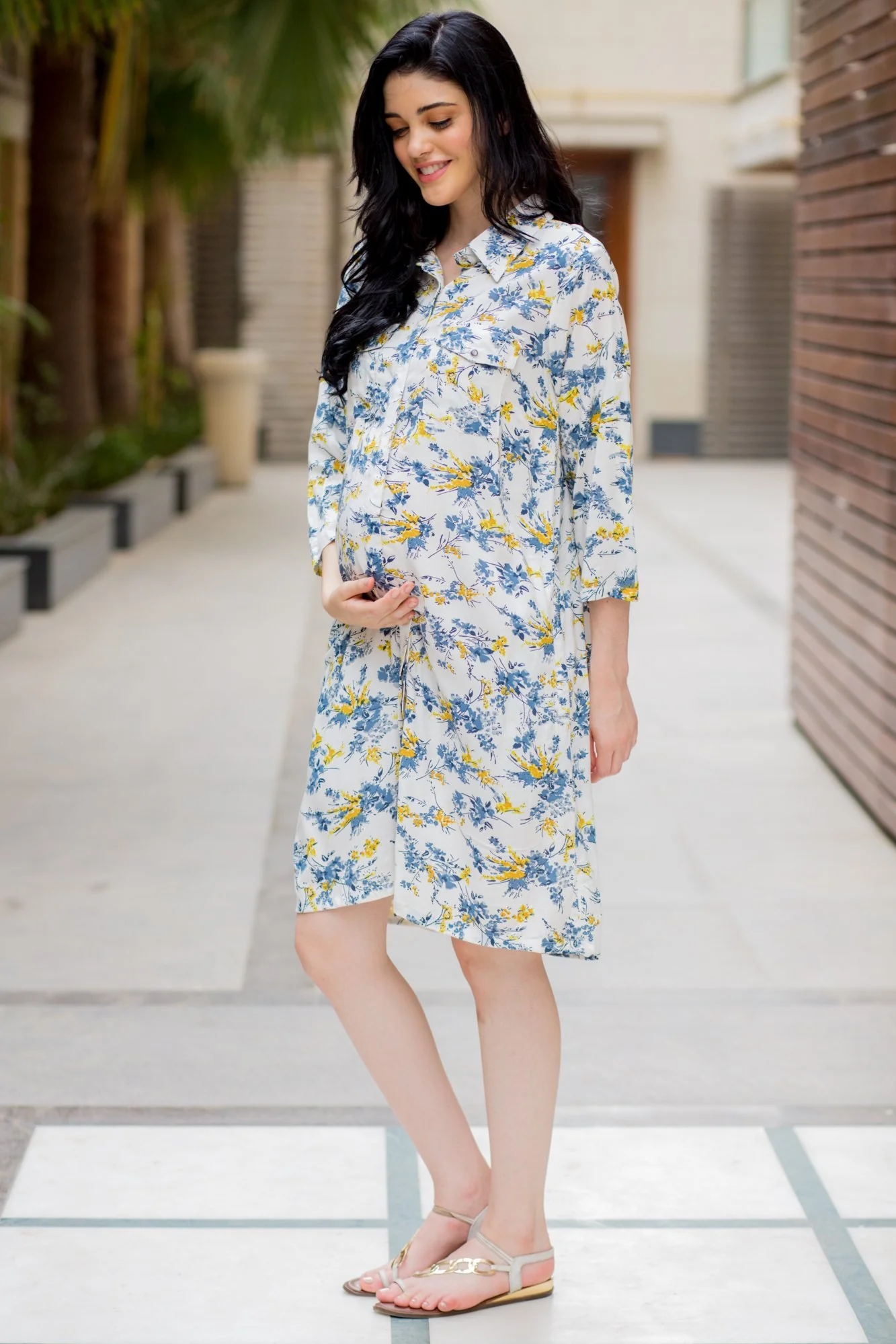 White Floral Maternity & Nursing Shirt Dress - Chenance