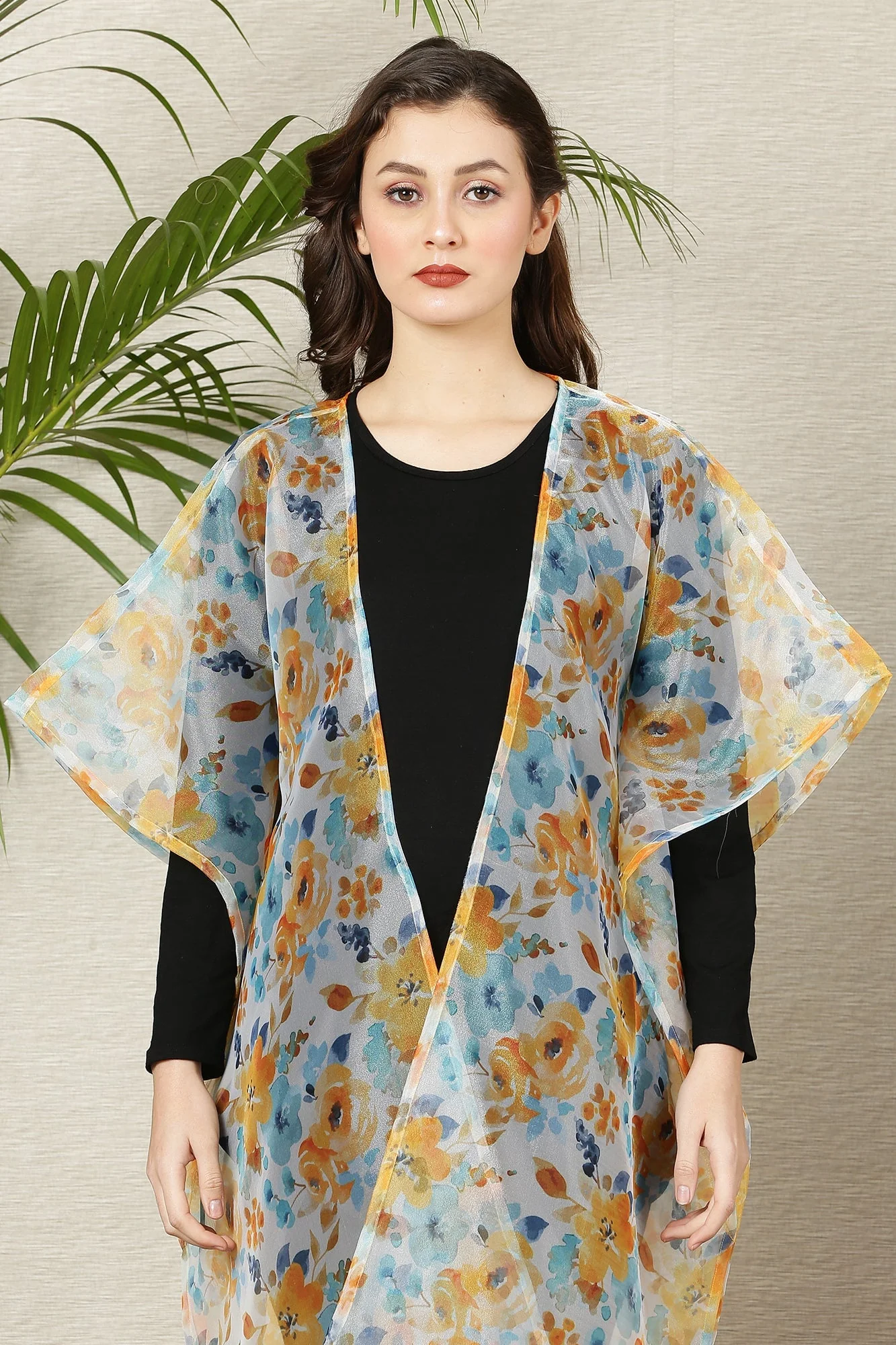 Alluring White Orangish Floral Organza Maternity Cover Up - Chenance