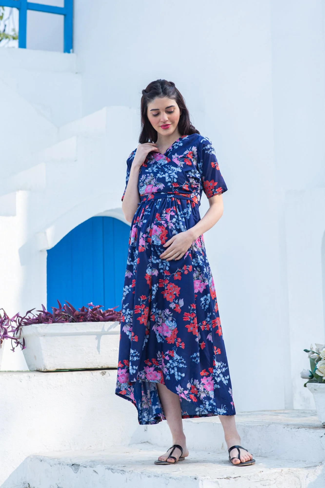 Navy Blue Peony Maternity & Nursing Hi-Low Wrap Dress - Chenance