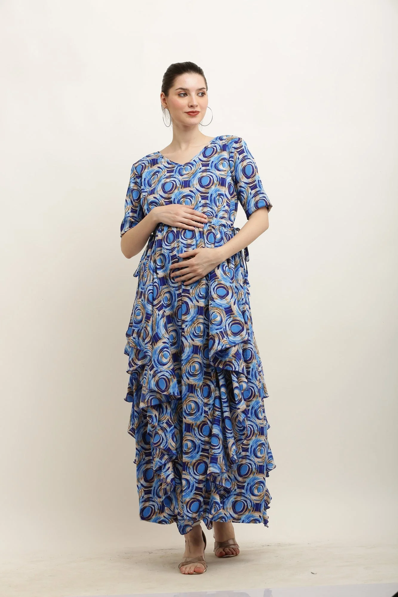 Blue Monochrome Spiral Maternity Flow Dress - Chenance