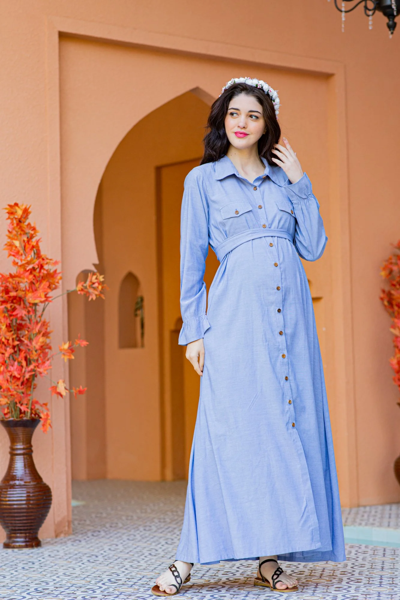 Cotton Denim Front Button Maternity & Nursing Maxi Dress - Chenance