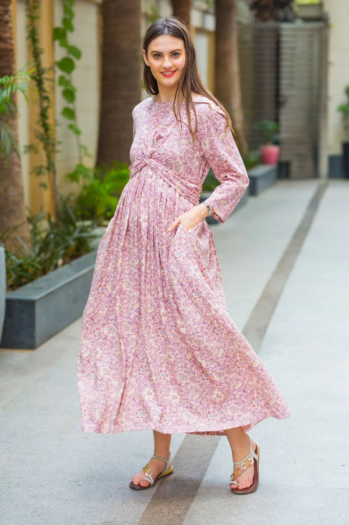 Pristine Pastel Floral Knot Maternity Midi Dress - Chenance