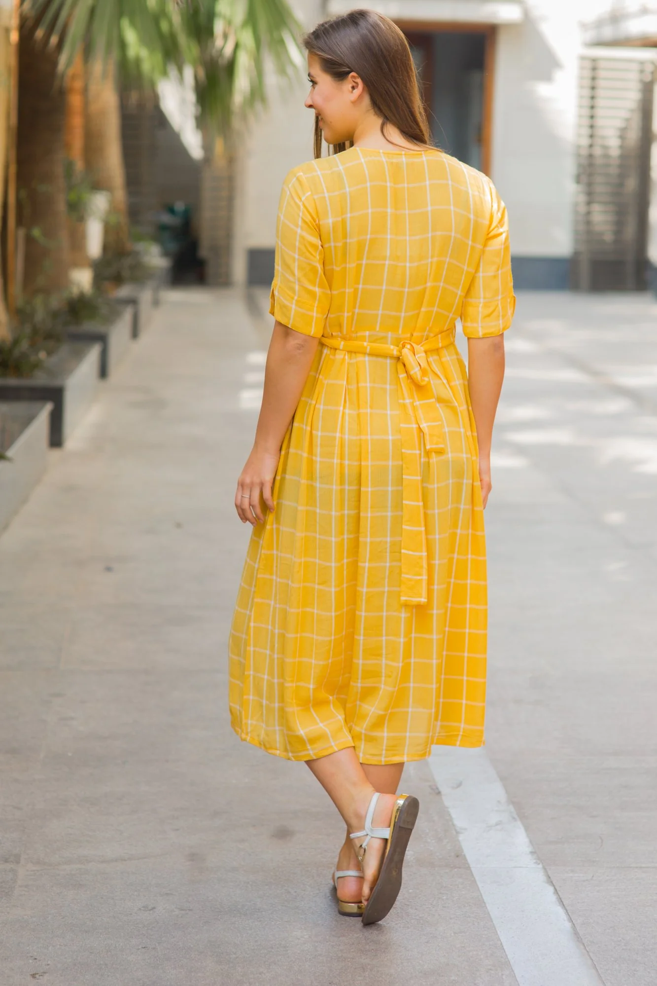 Yellow Check Cotton Maternity and Nursing Dress - Chenance