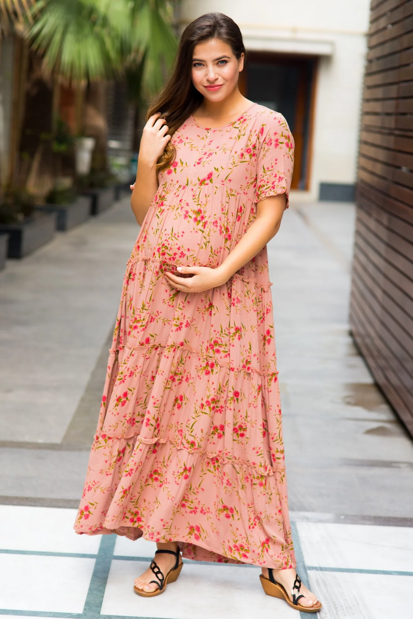 Multilayer Light Peach Frill Maternity & Nursing Dress - Chenance