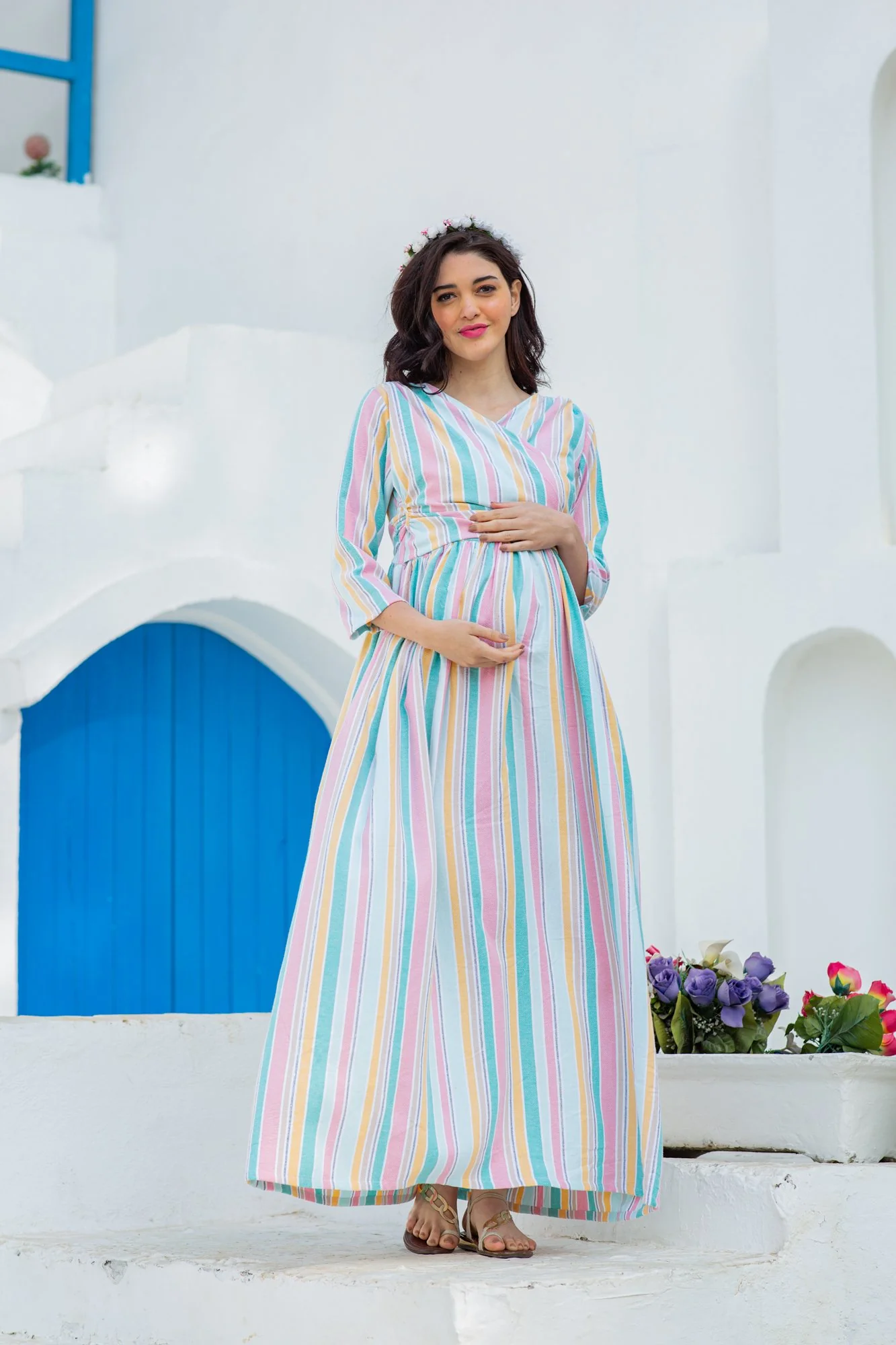 Pastel Striped Maternity & Nursing Wrap Dress - Chenance