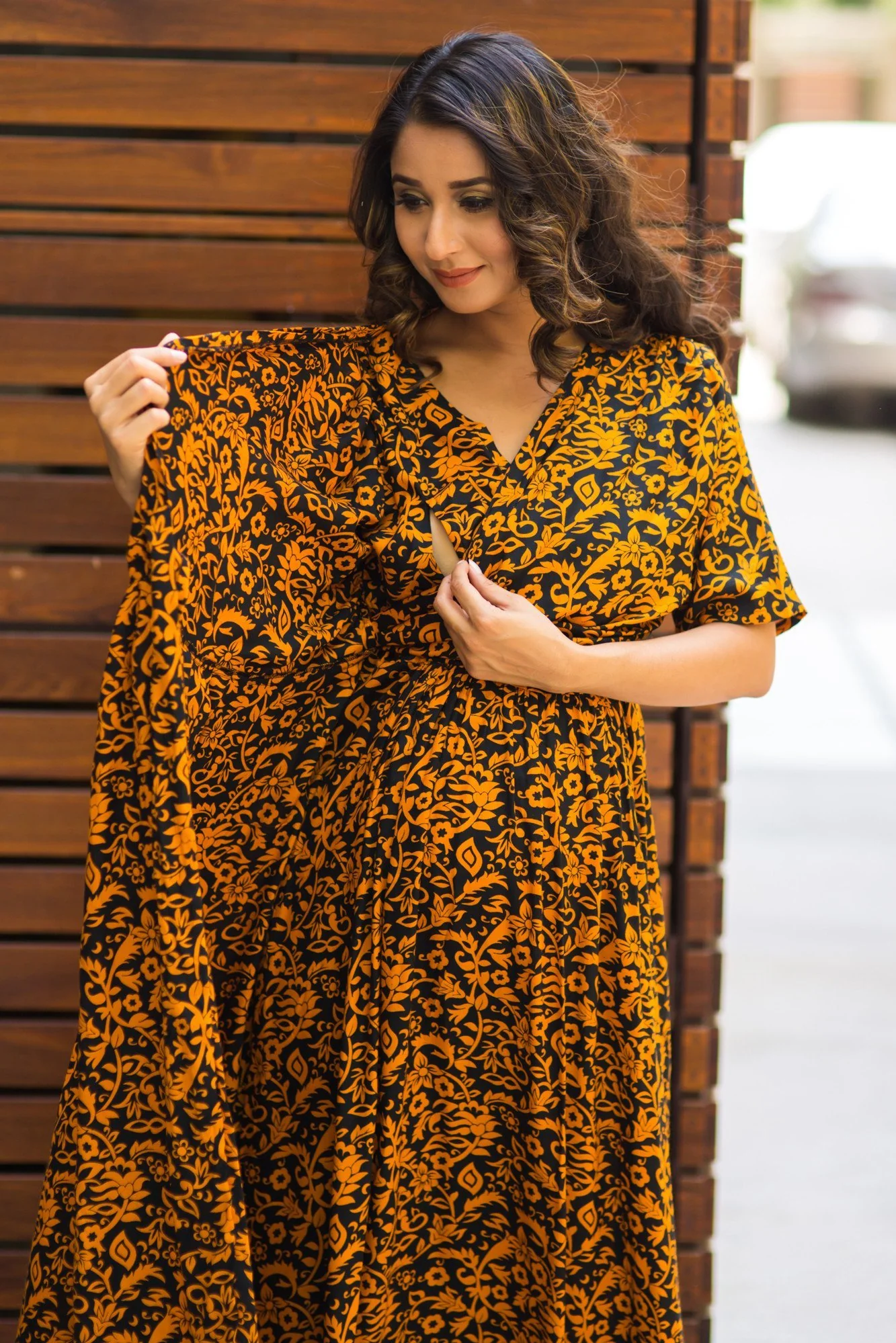 Tangerine Print Longline Nursing Angrakha Dress - Chenance